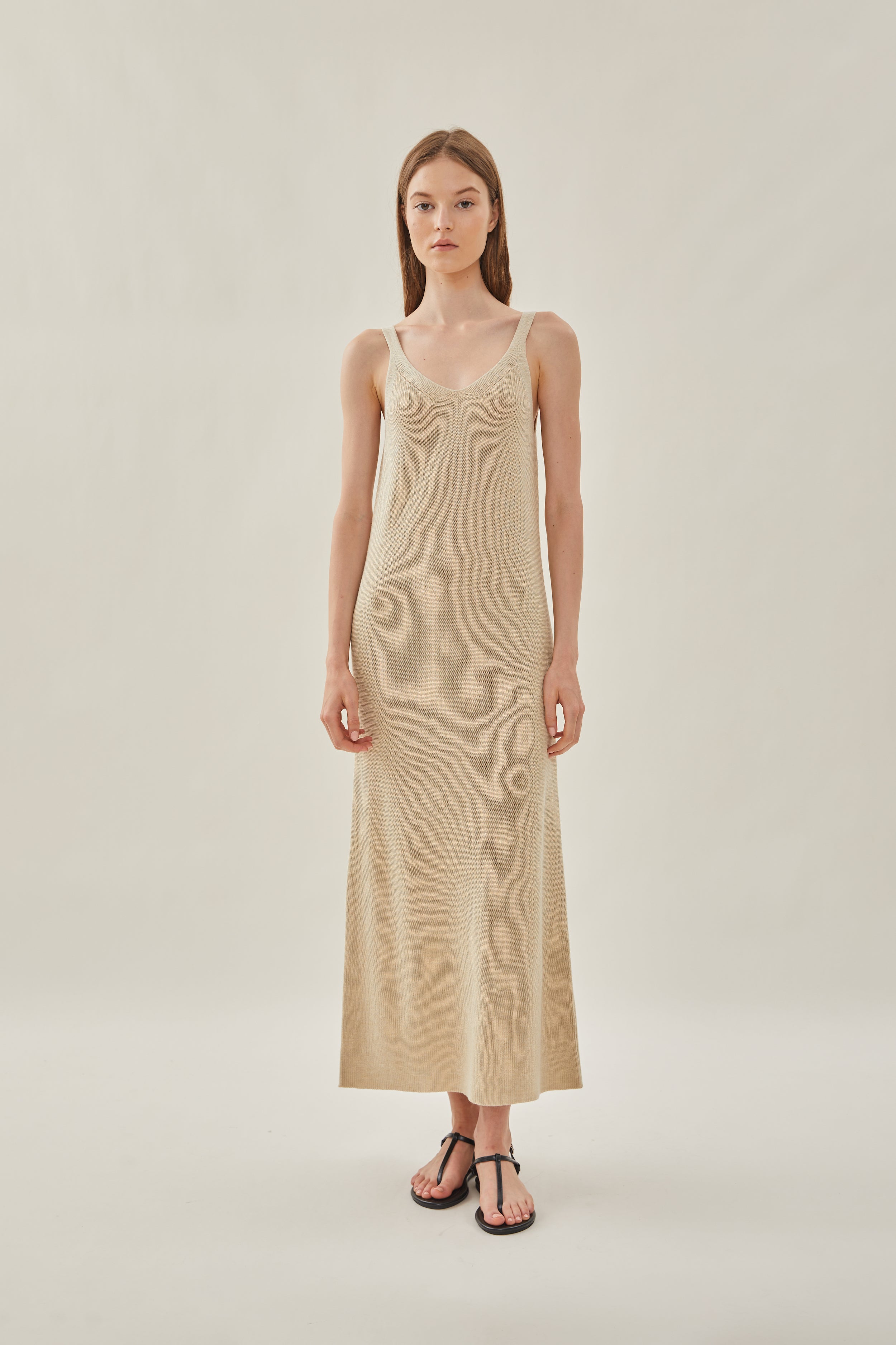 Knit V-Neck Dress in Wheat