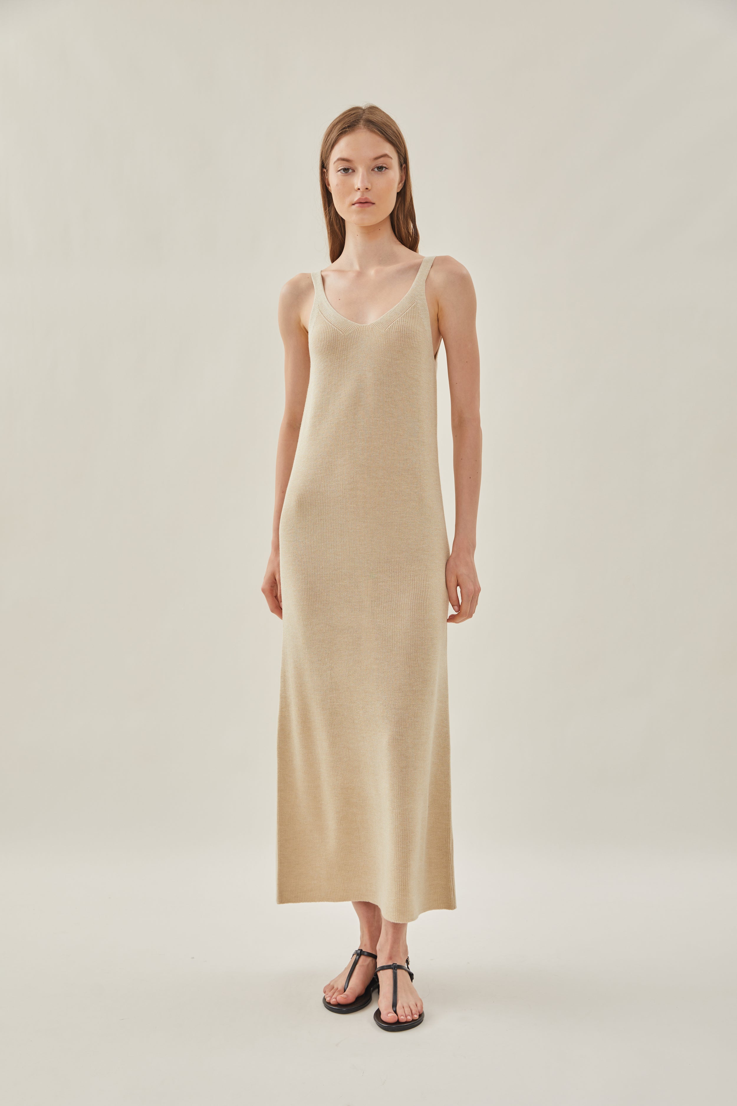 Knit V-Neck Dress in Wheat