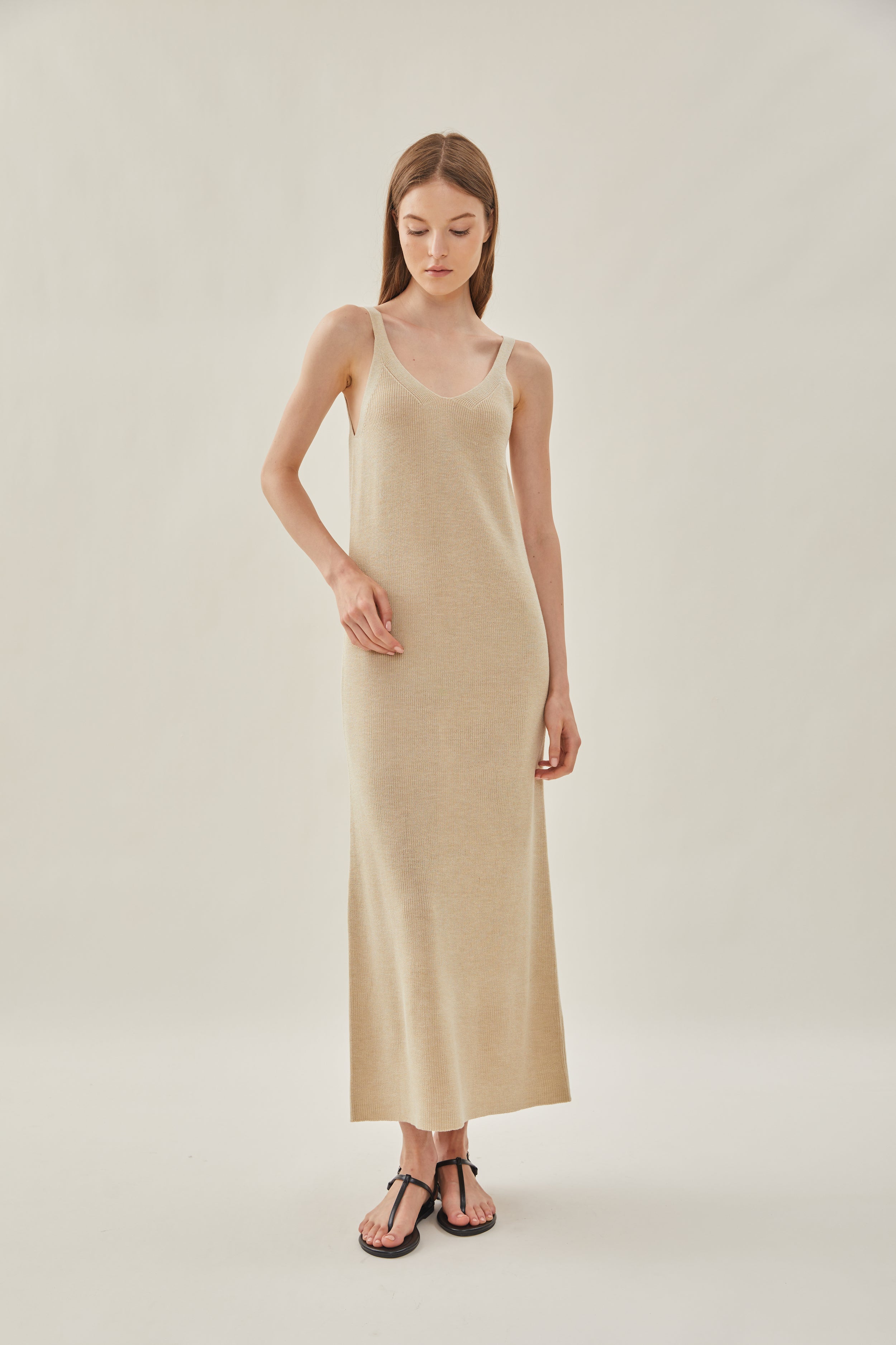 Knit V-Neck Dress in Wheat