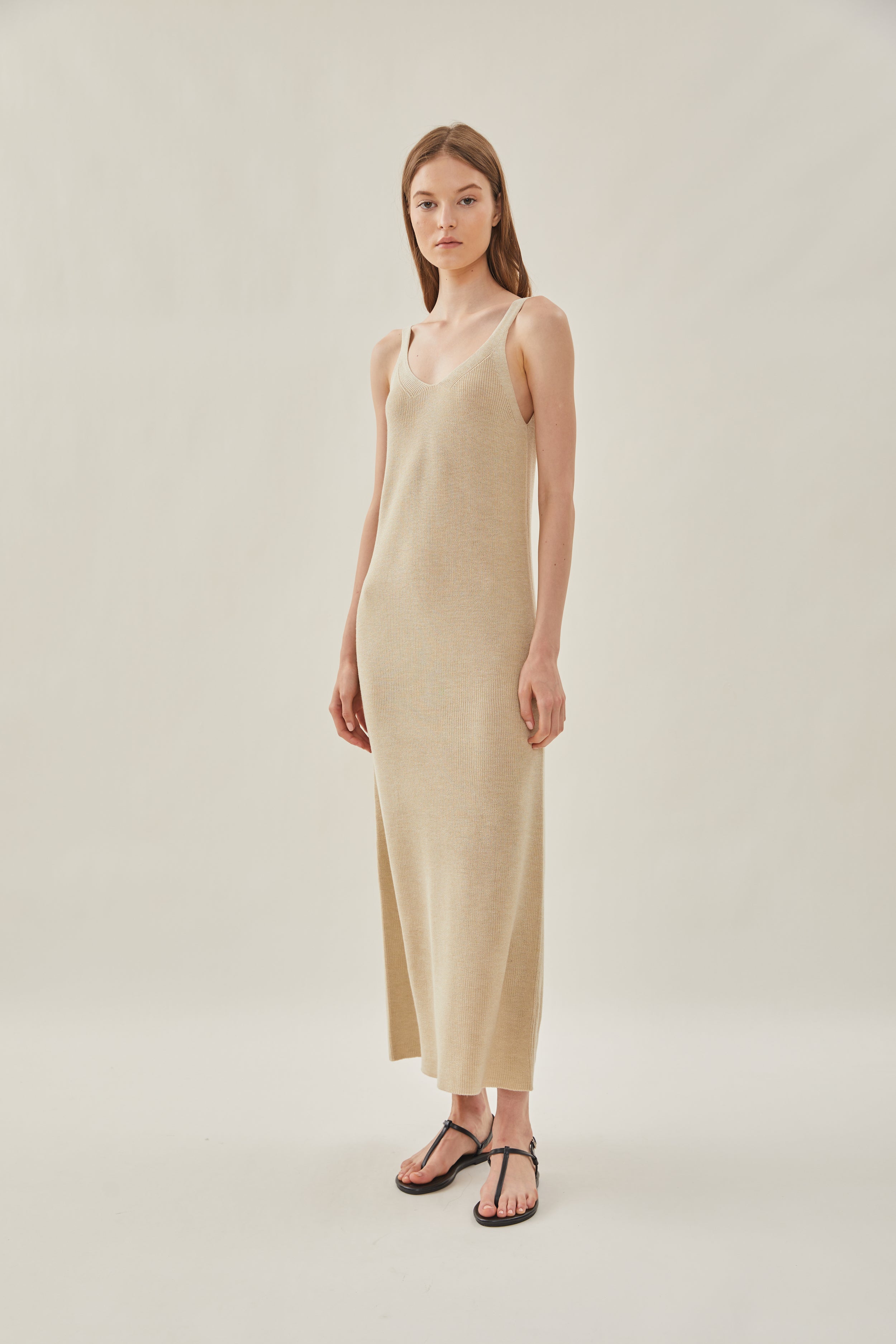 Knit V-Neck Dress in Wheat