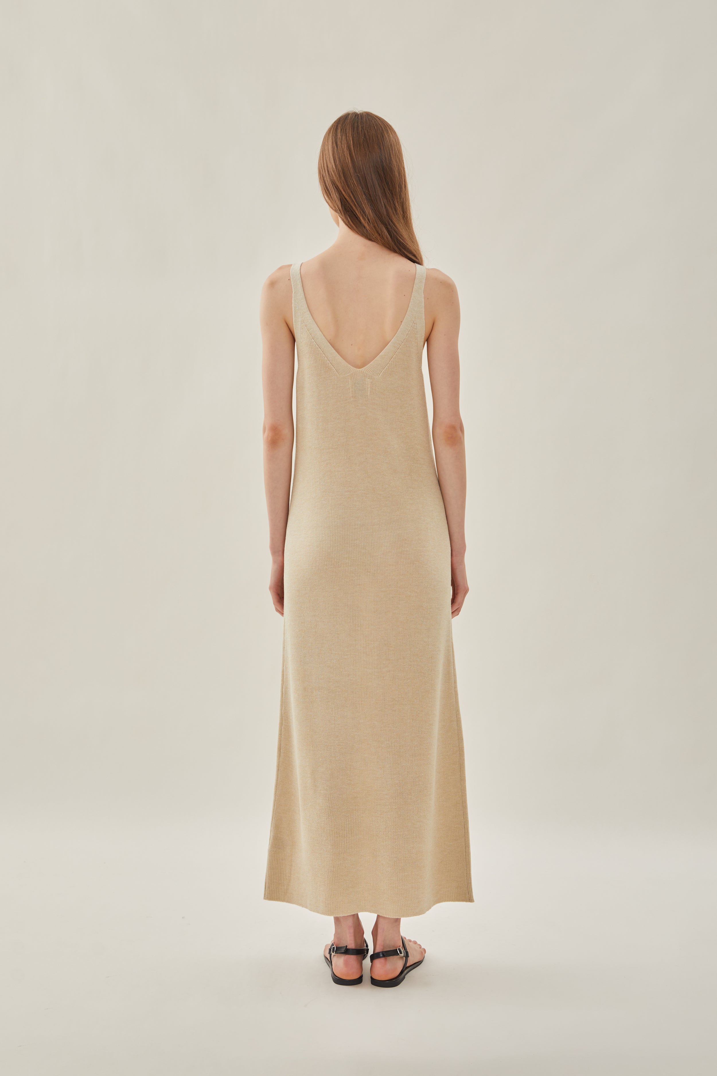 Knit V-Neck Dress in Wheat