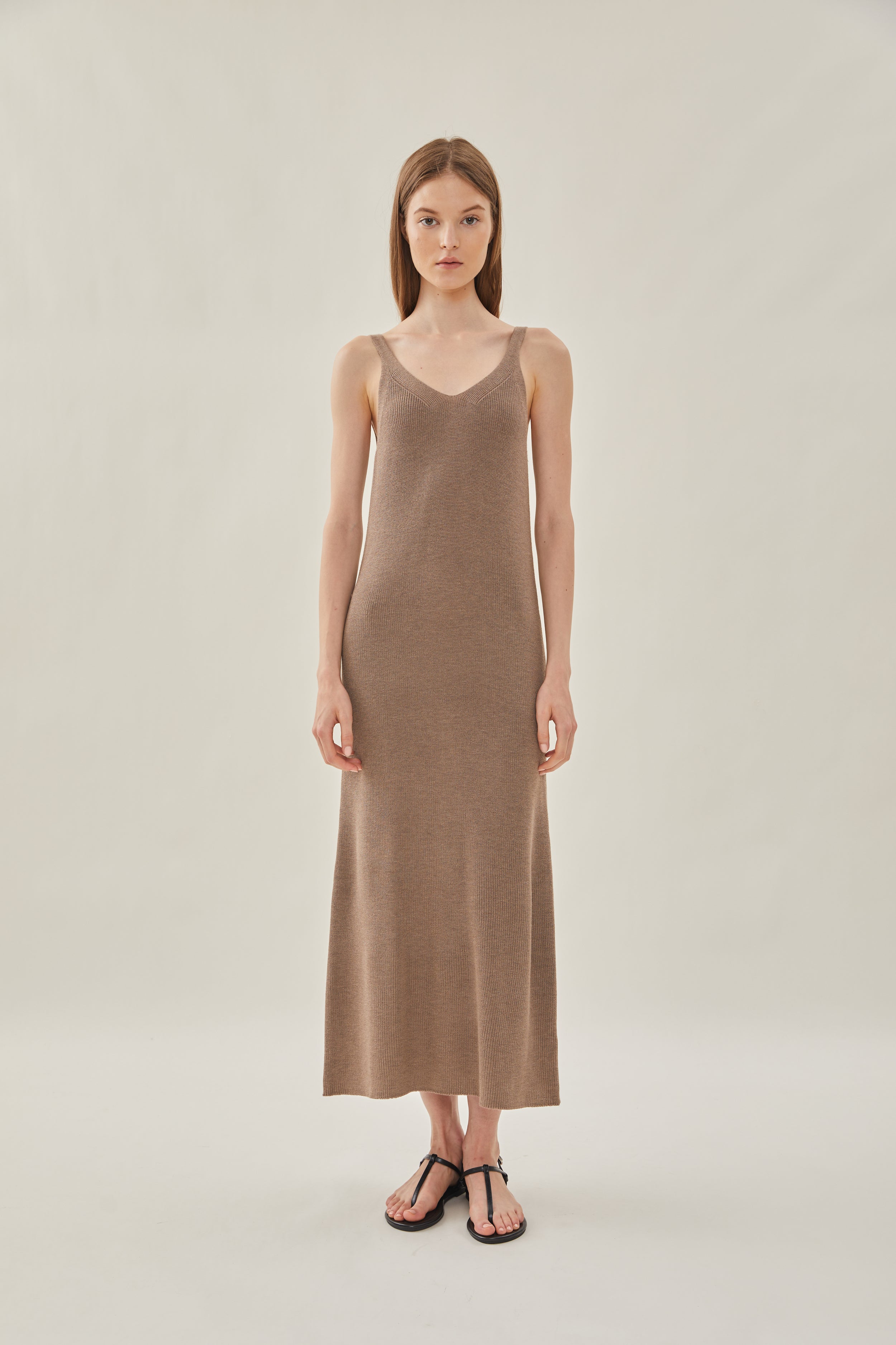 Knit V-Neck Dress in Oak