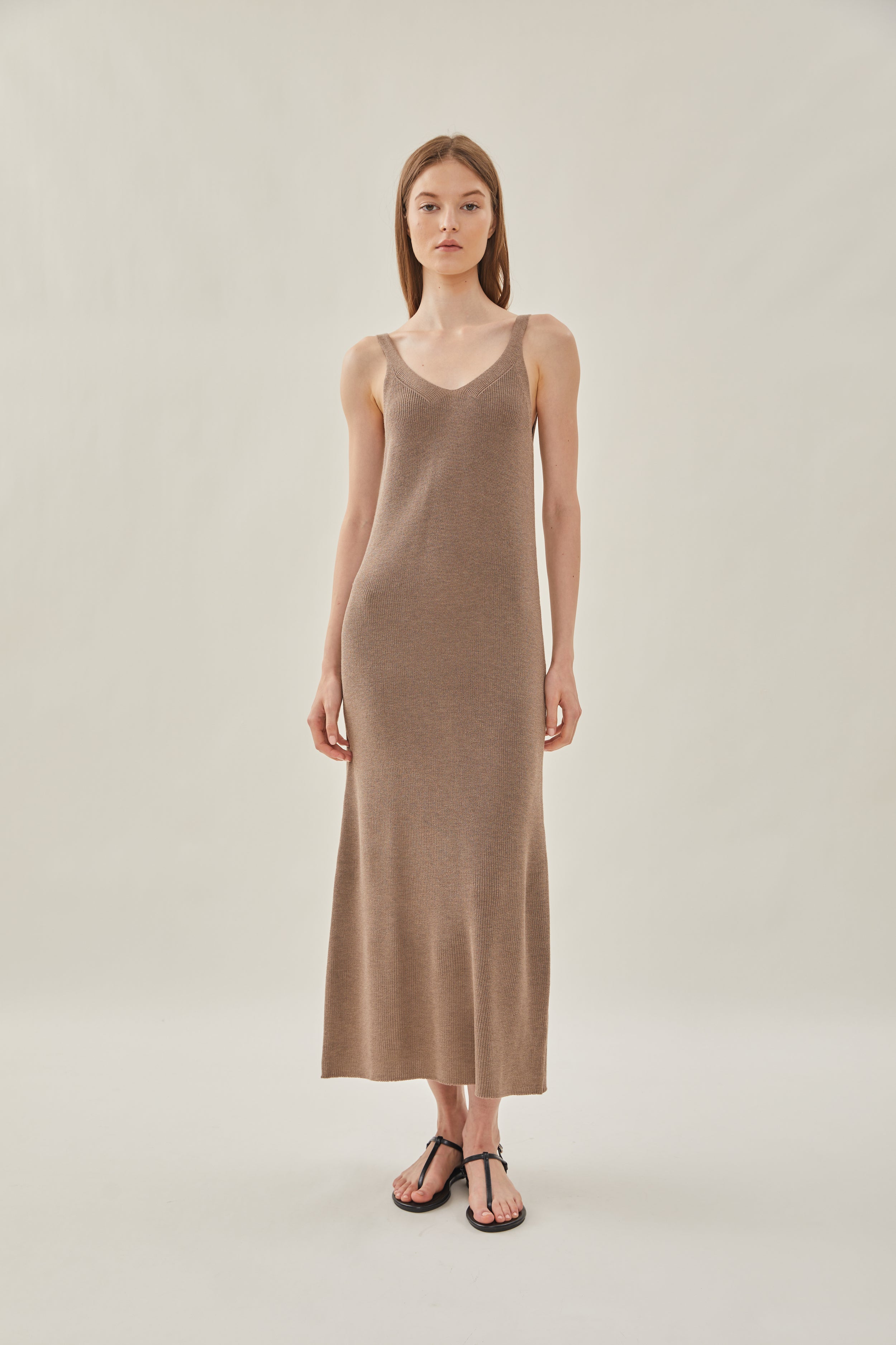 Knit V-Neck Dress in Oak