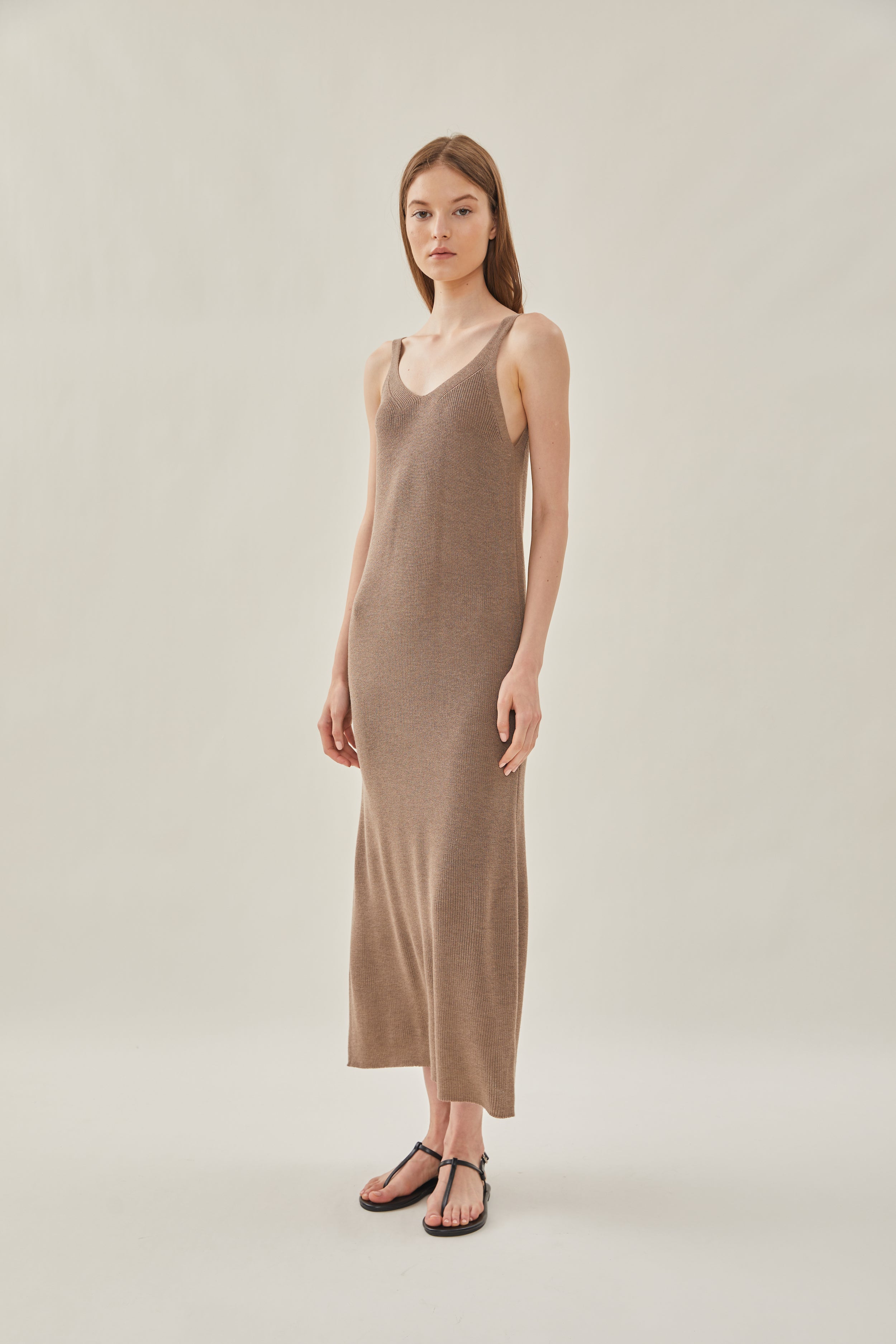 Knit V-Neck Dress in Oak