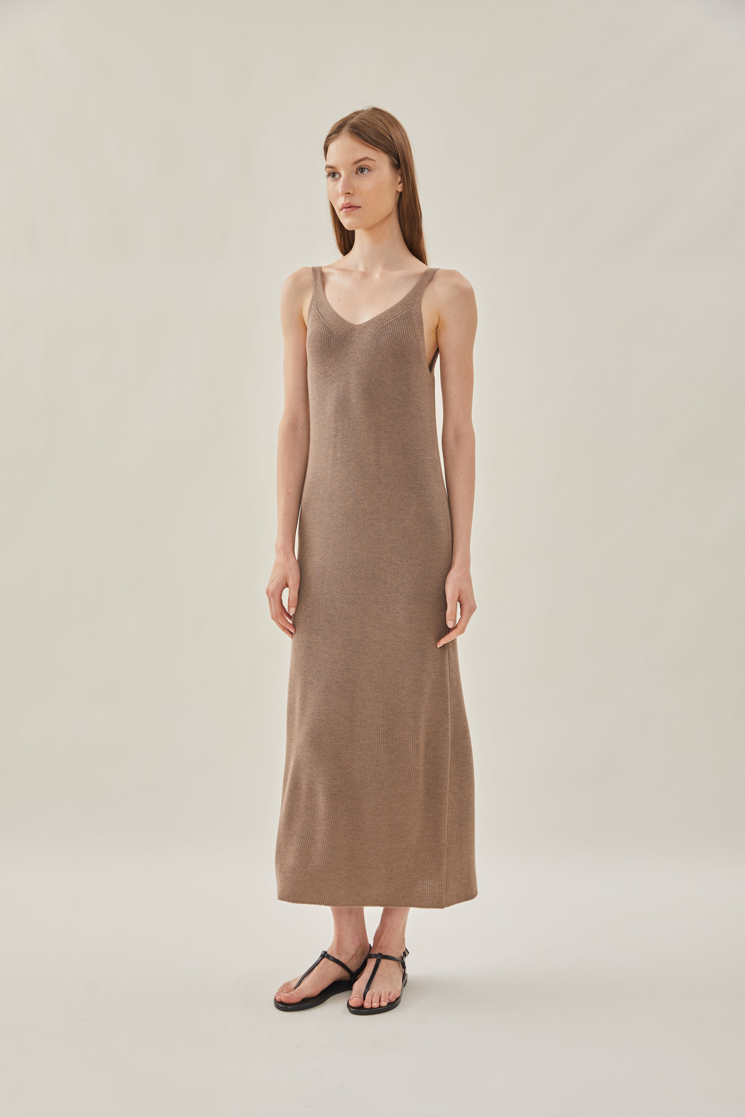 Knit V-Neck Dress in Oak