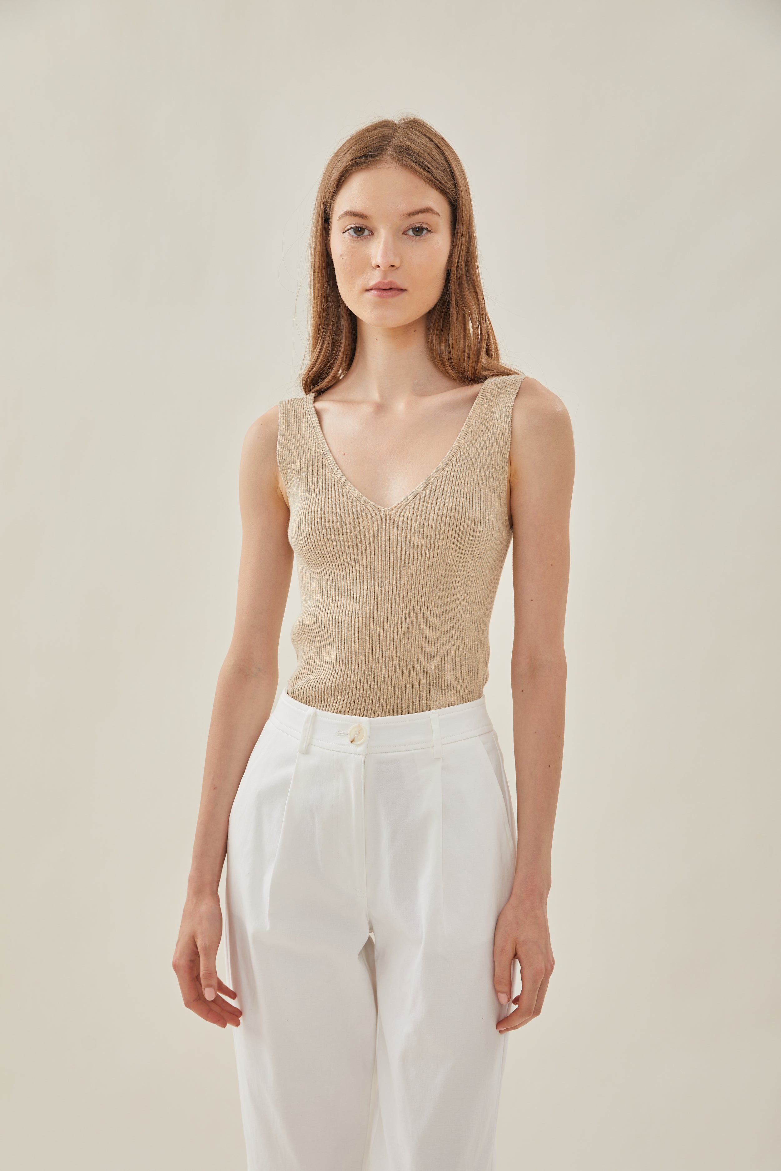 V Neck Knit Tank in Oat