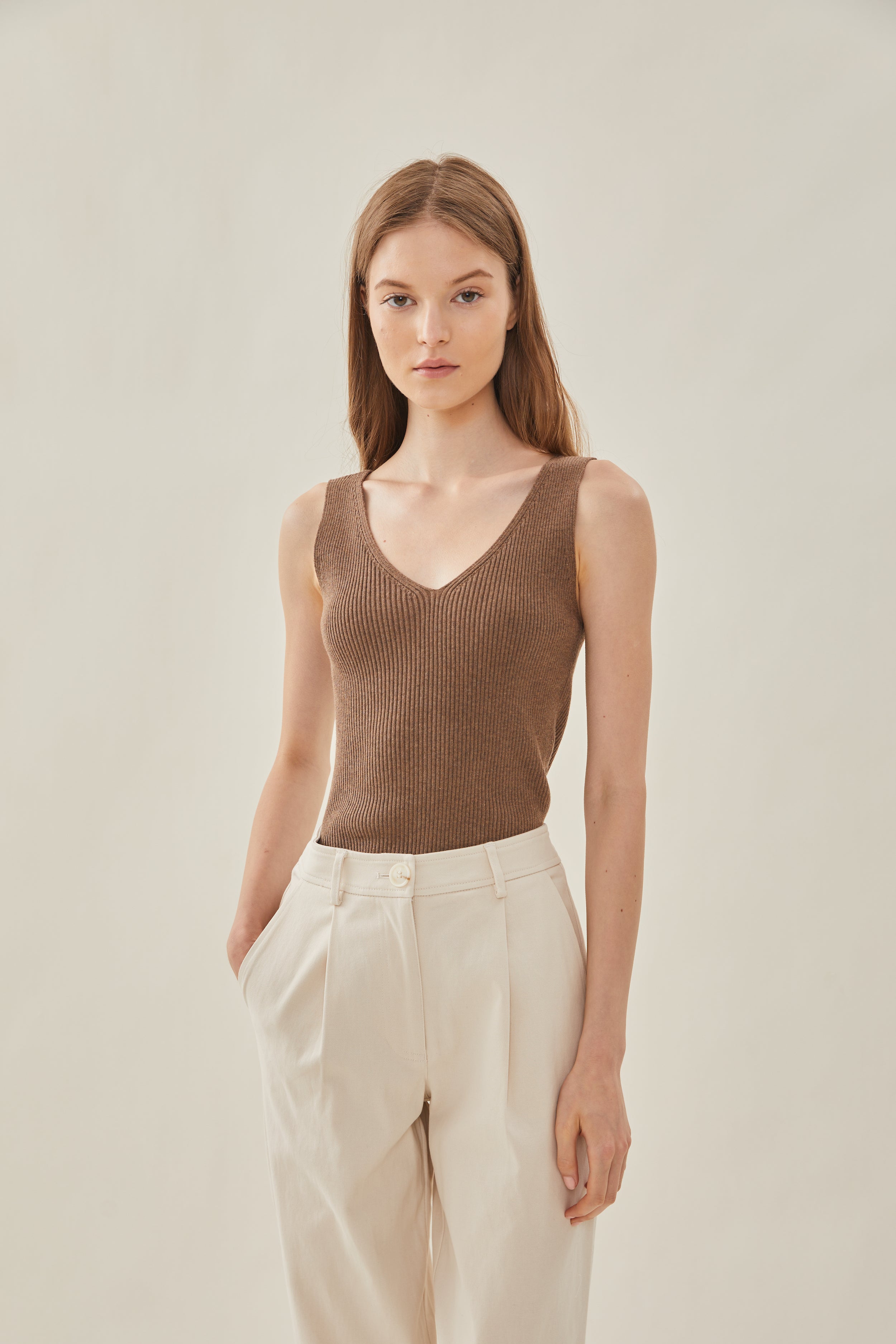 V Neck Knit Tank in Soil