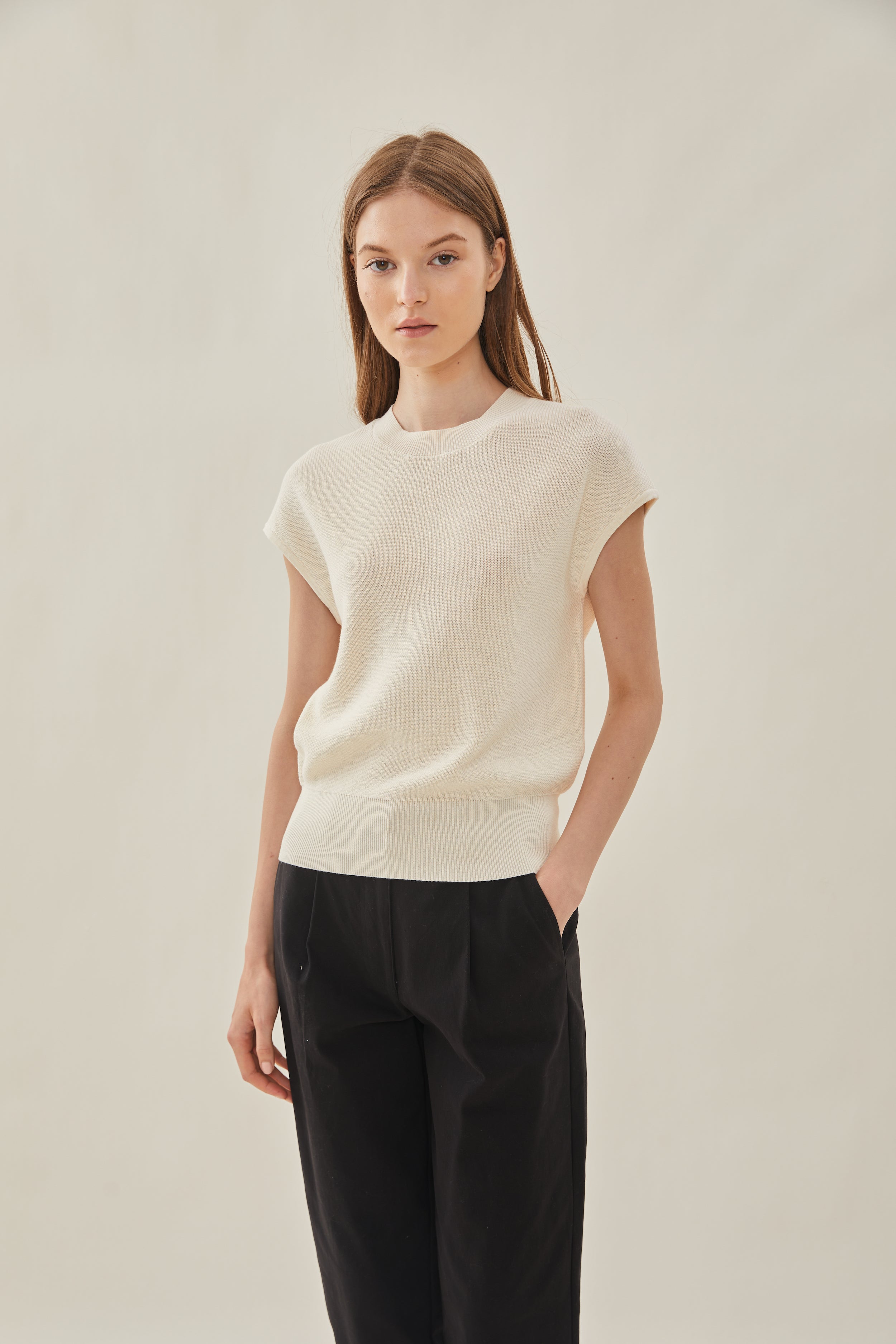 High Neck Cap Sleeve Top in Chalk