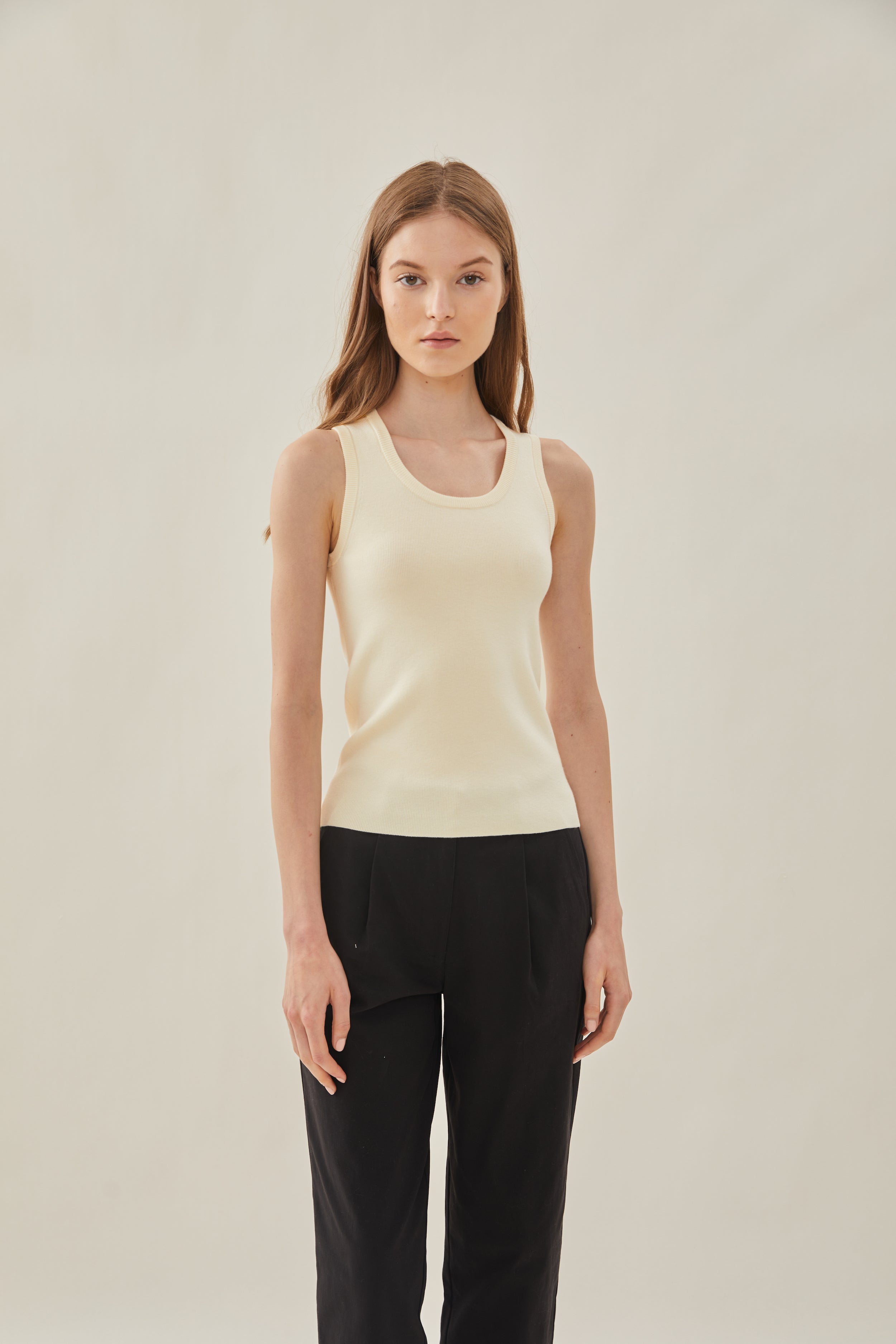 Round Neck Knit Tank in Bone