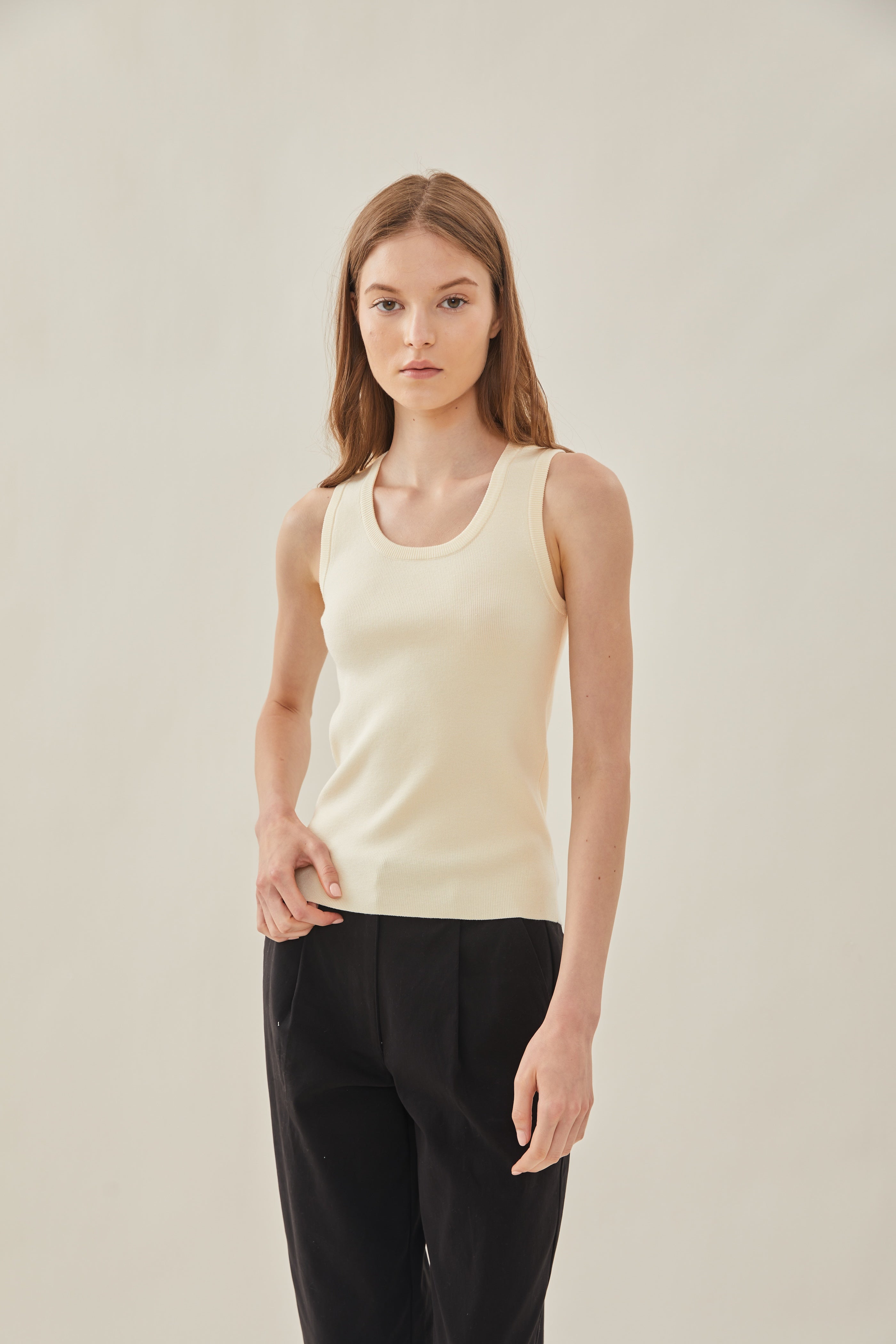 Round Neck Knit Tank in Bone