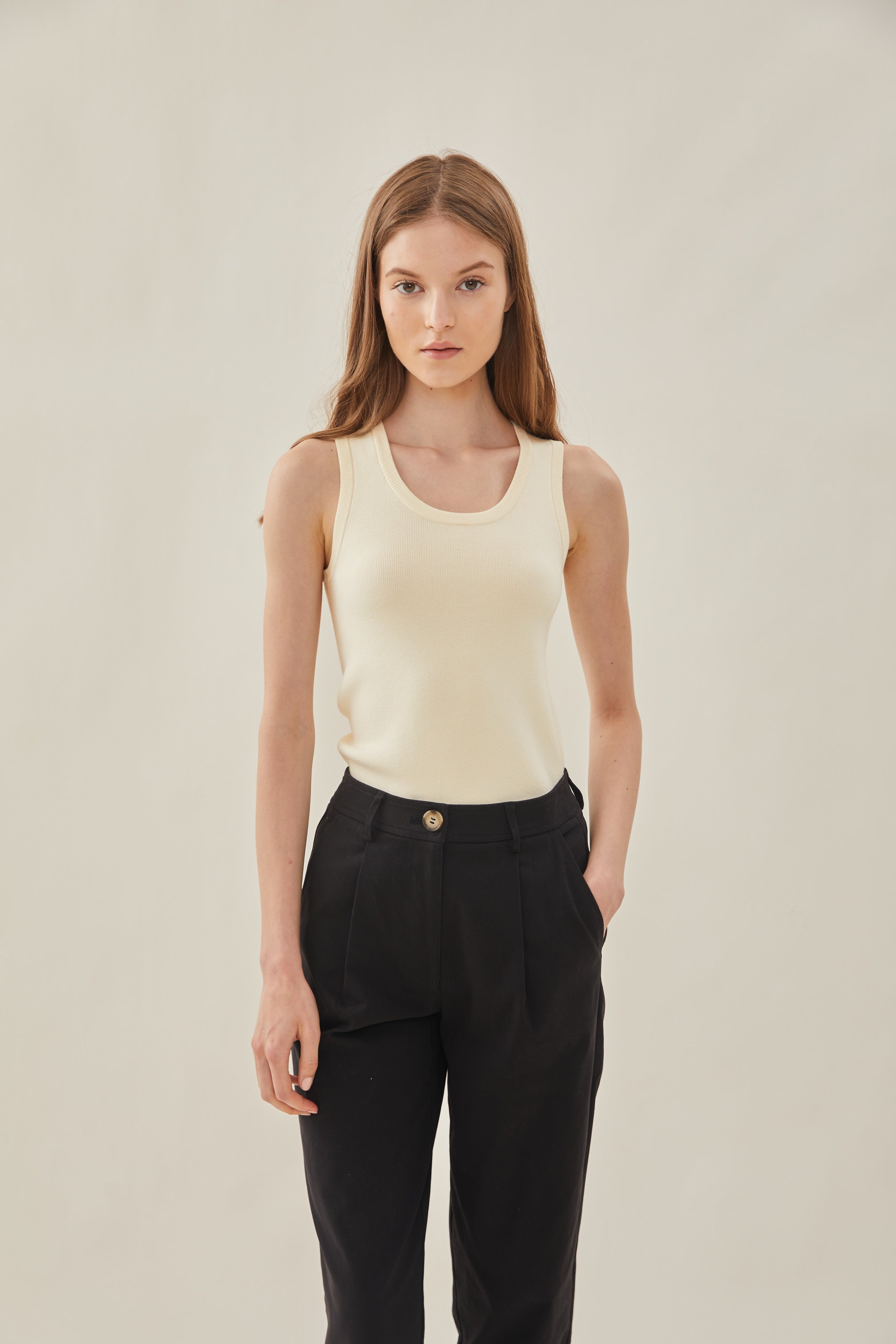 Round Neck Knit Tank in Bone