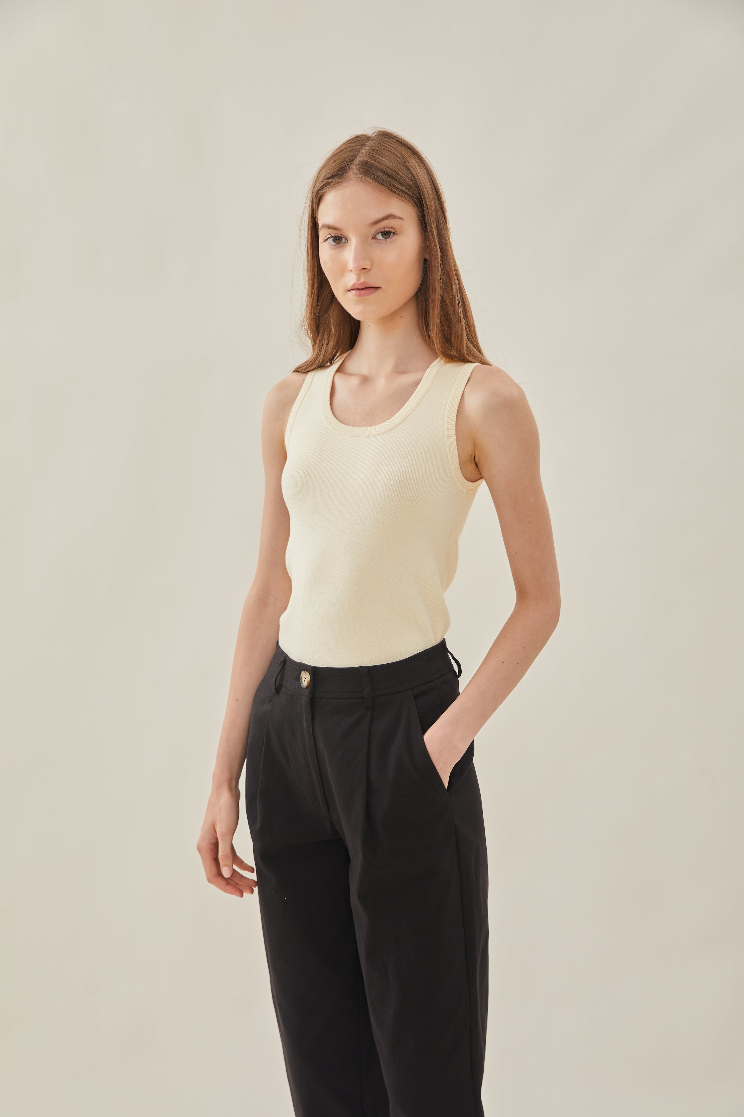 Round Neck Knit Tank in Bone