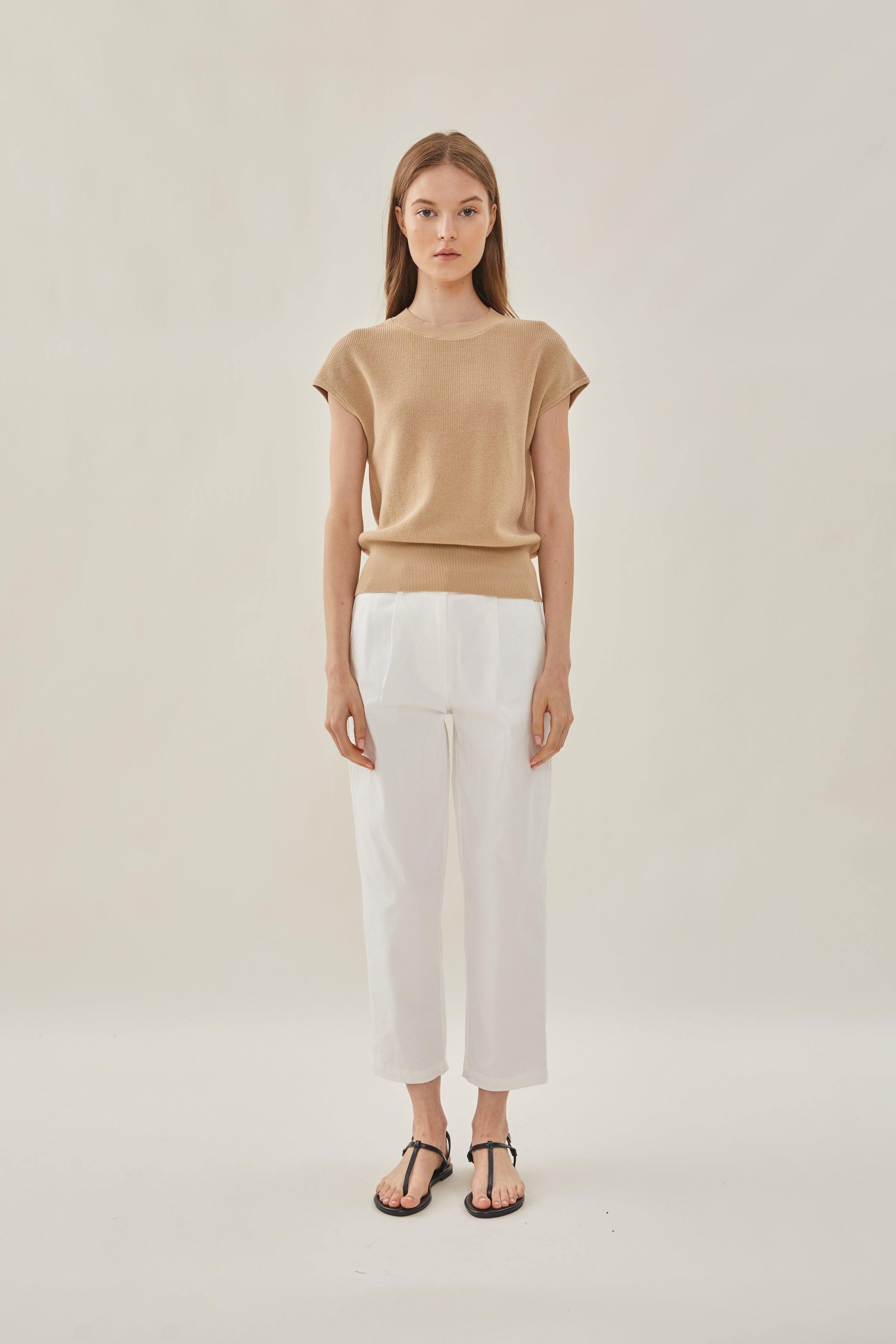 High Neck Cap Sleeve Top in Tan