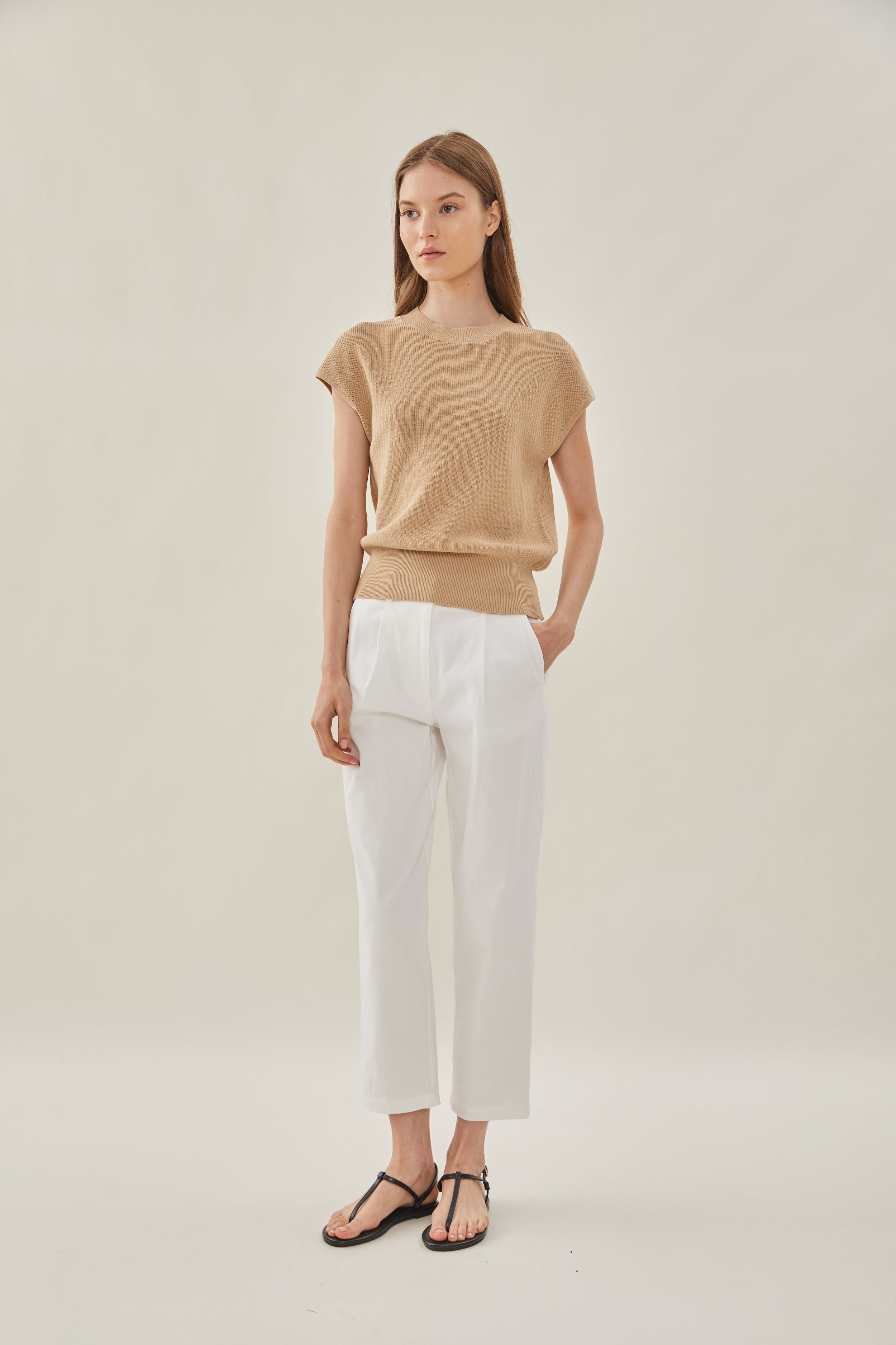 High Neck Cap Sleeve Top in Tan