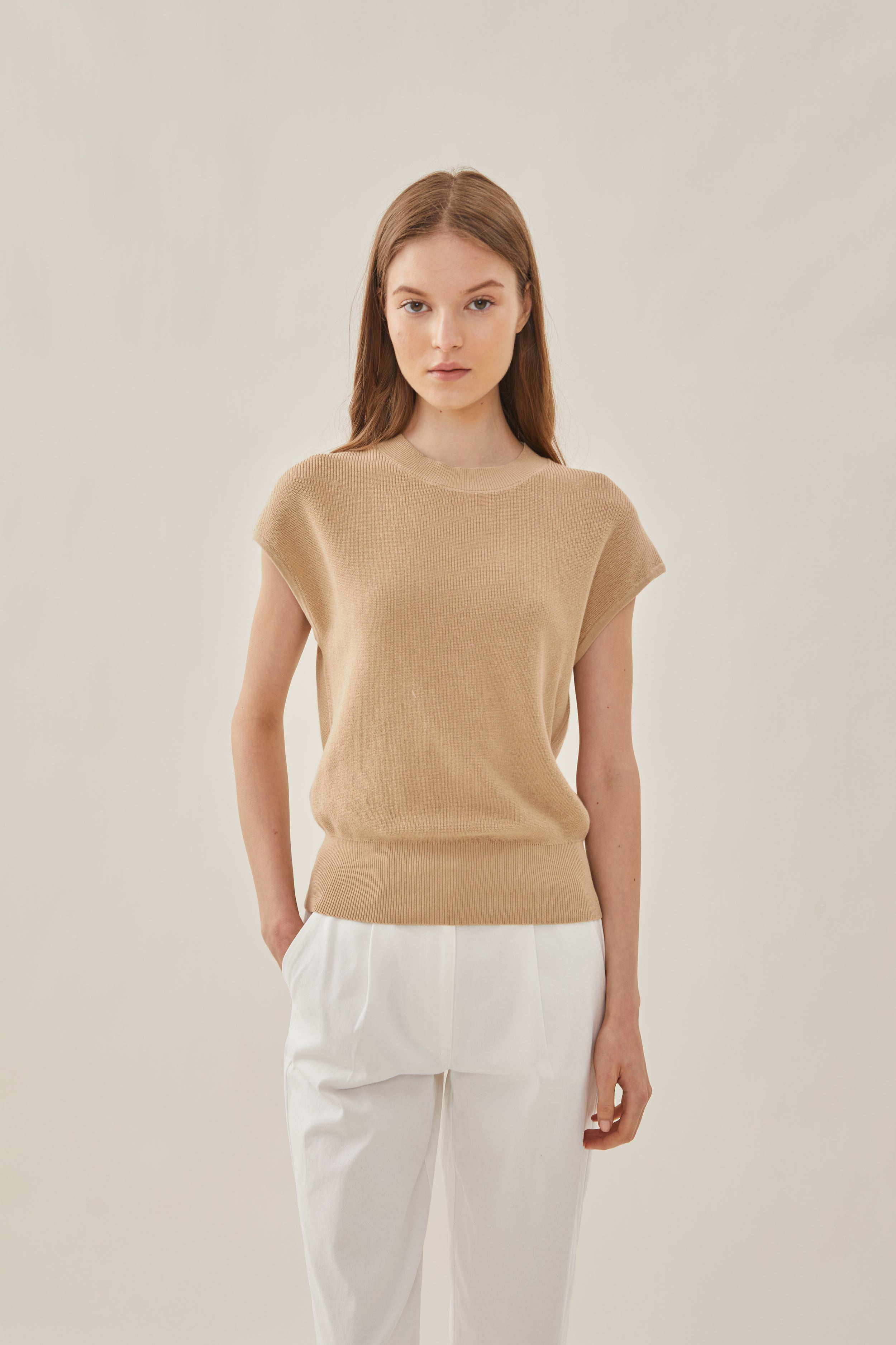 High Neck Cap Sleeve Top in Tan