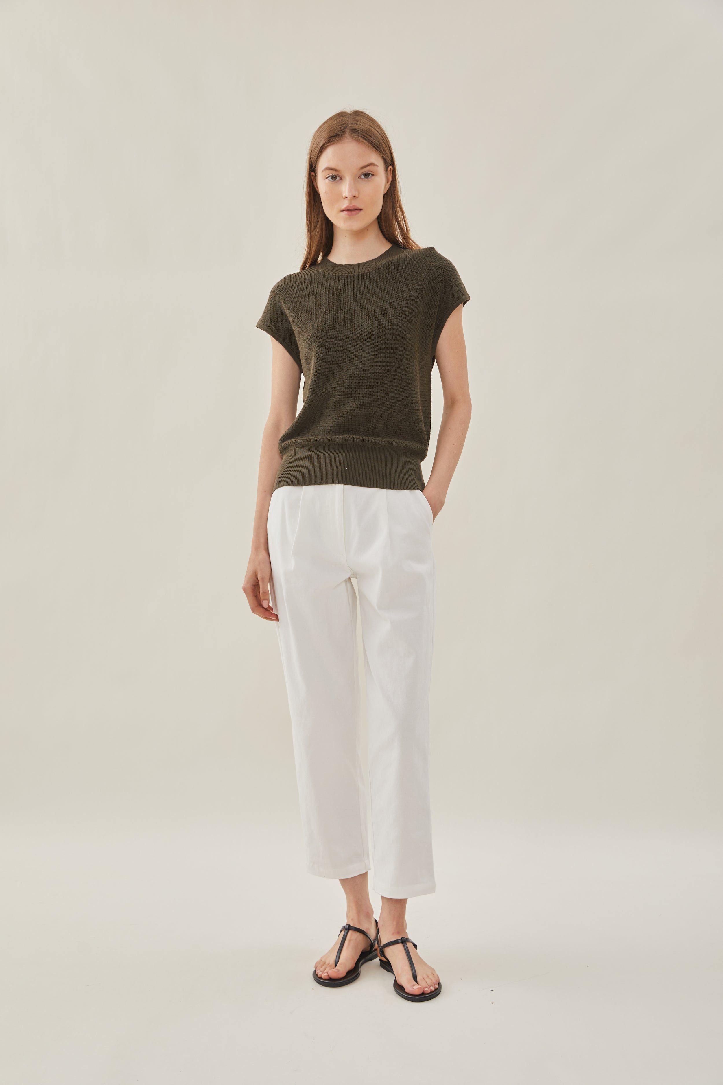 High Neck Cap Sleeve Top in Moss