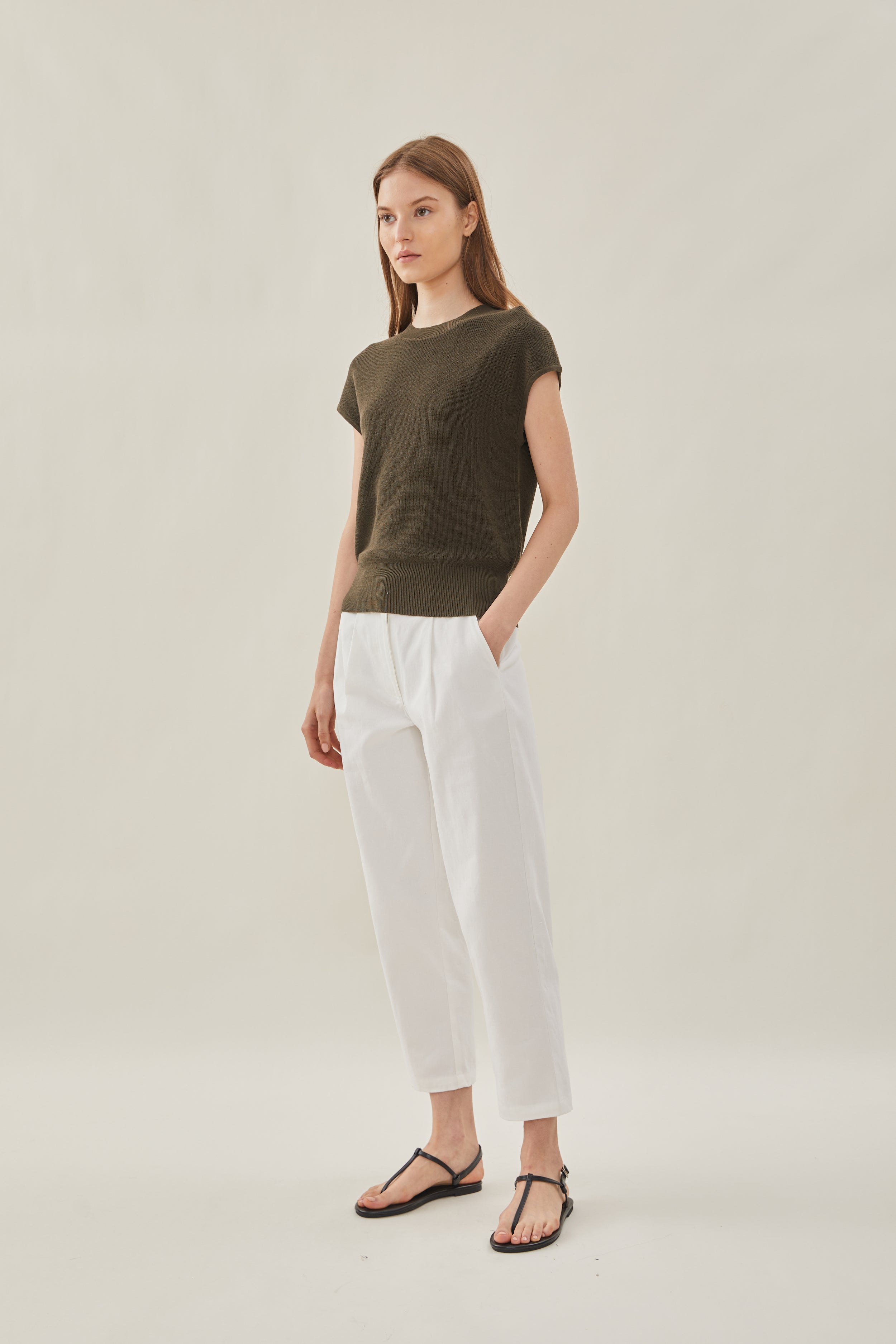 High Neck Cap Sleeve Top in Moss