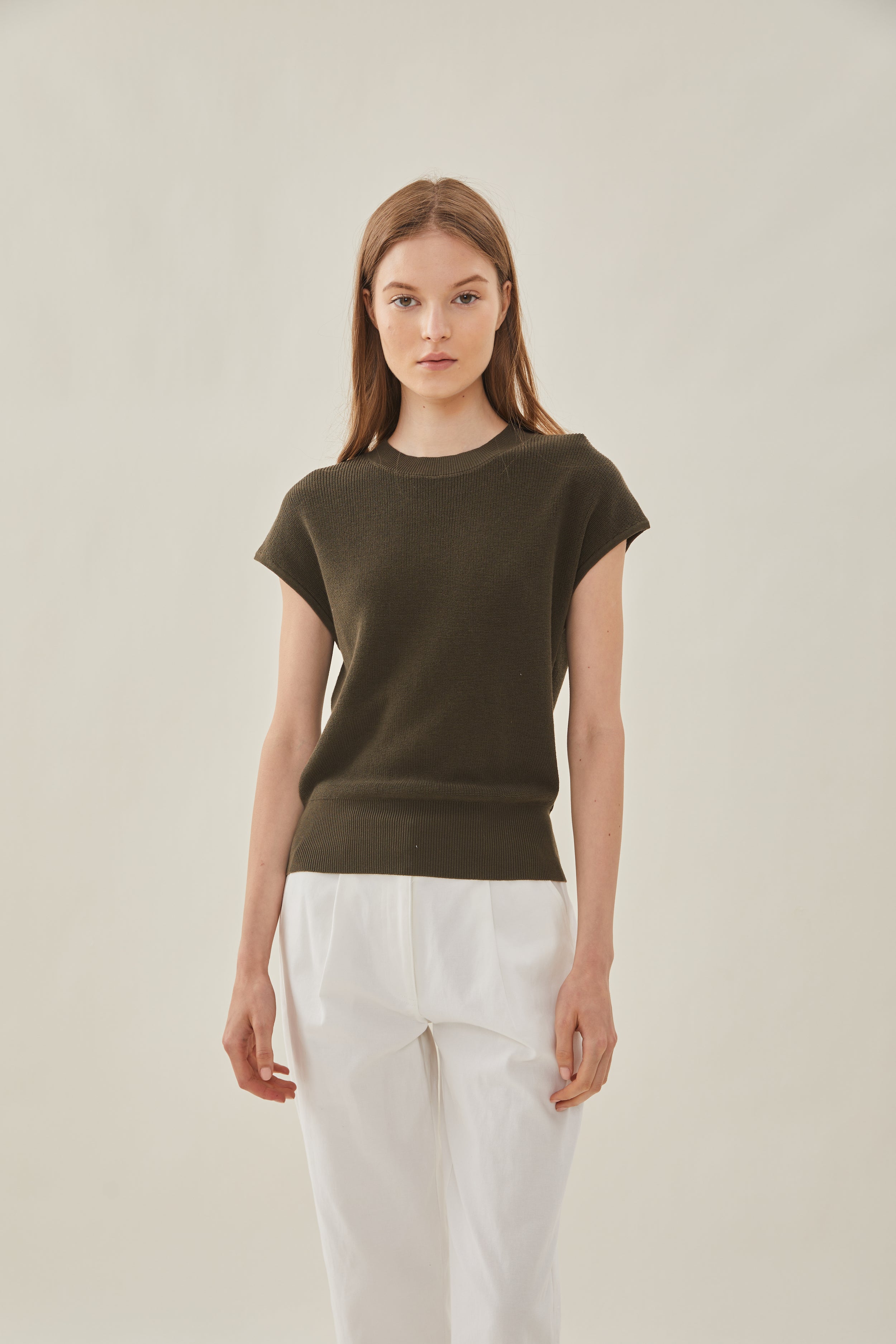 High Neck Cap Sleeve Top in Moss