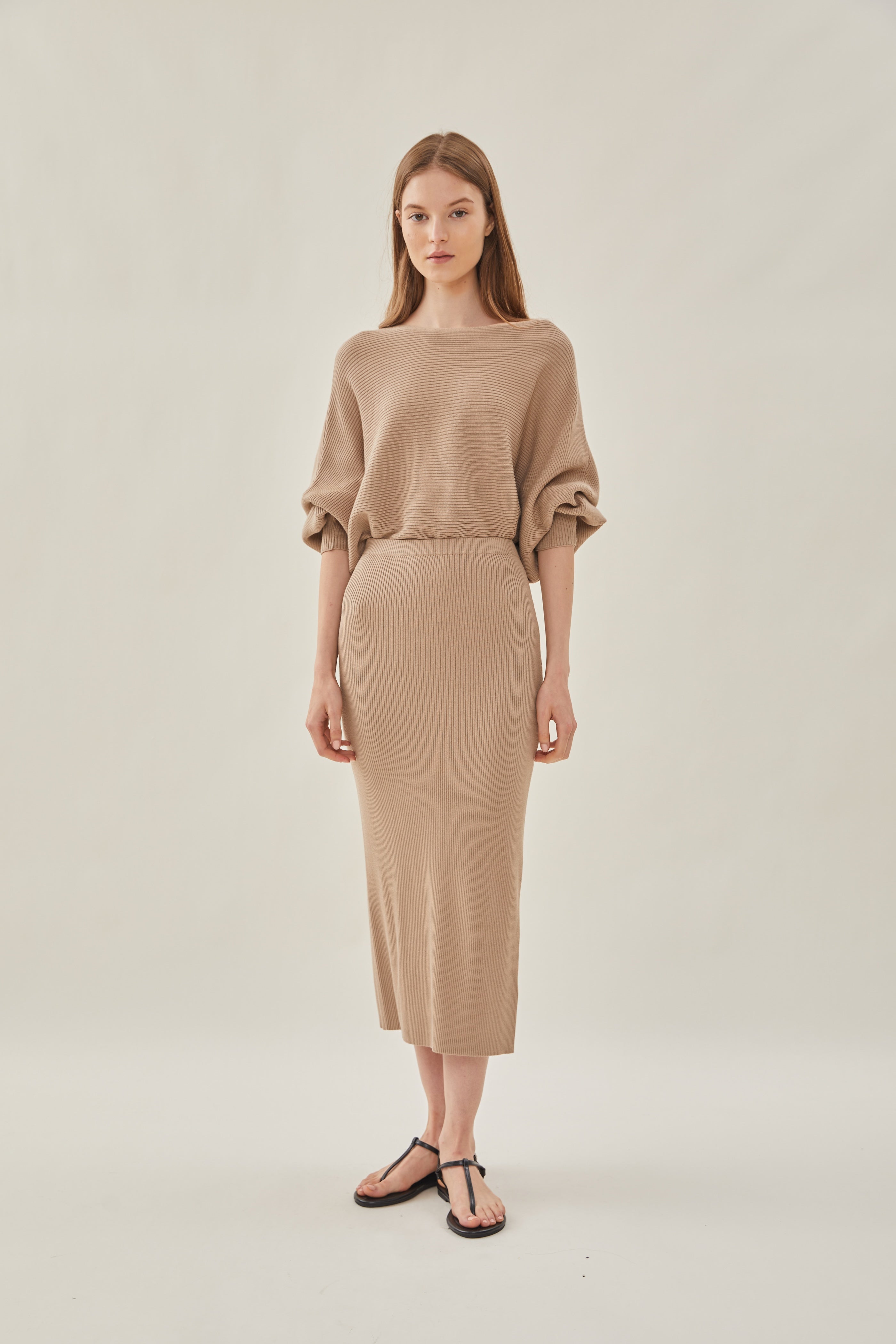 Knit Midi Skirt with Slit in Hay