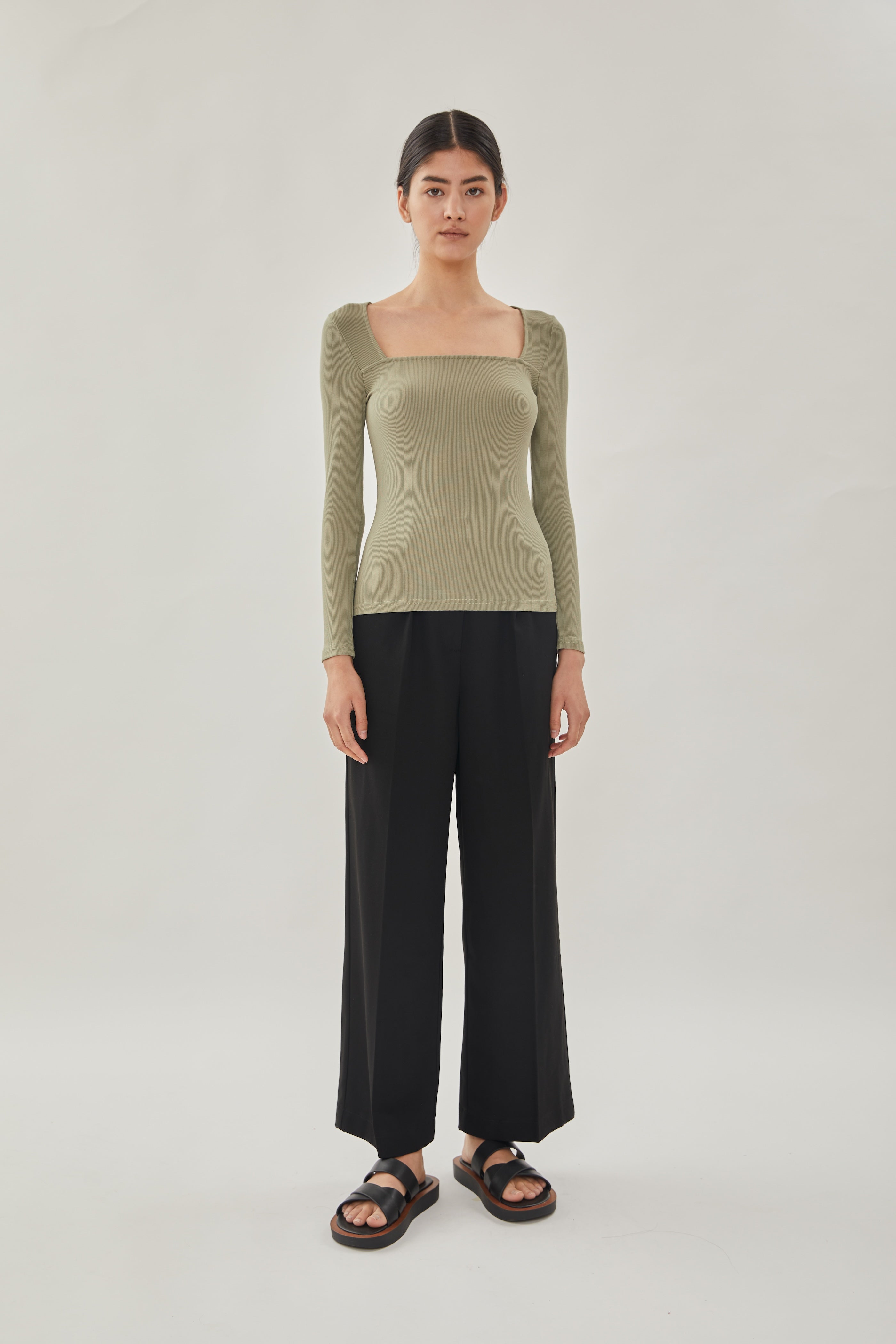 Square Neck Knit Top in Olive