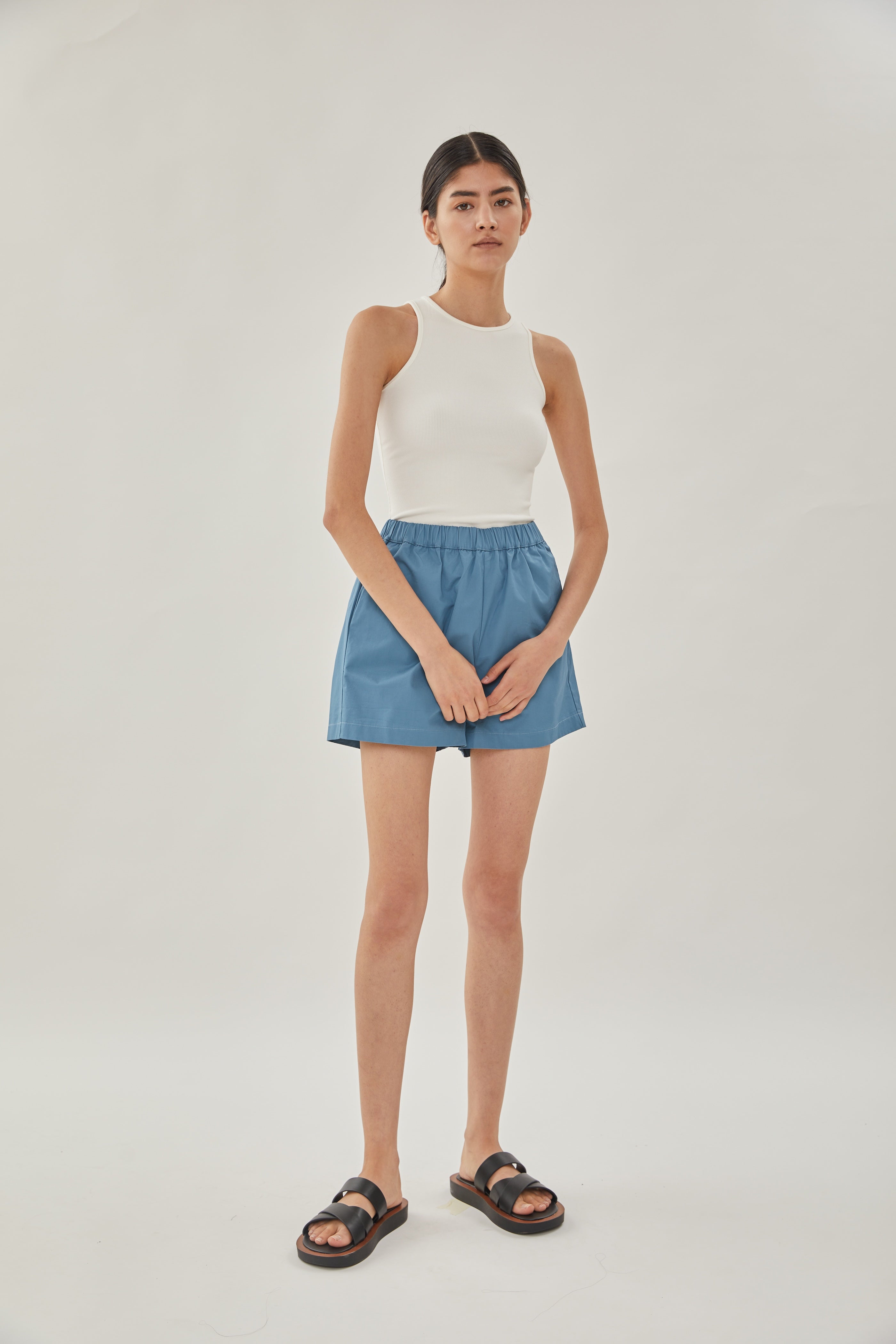 Cotton Relaxed Shorts in Stone Blue