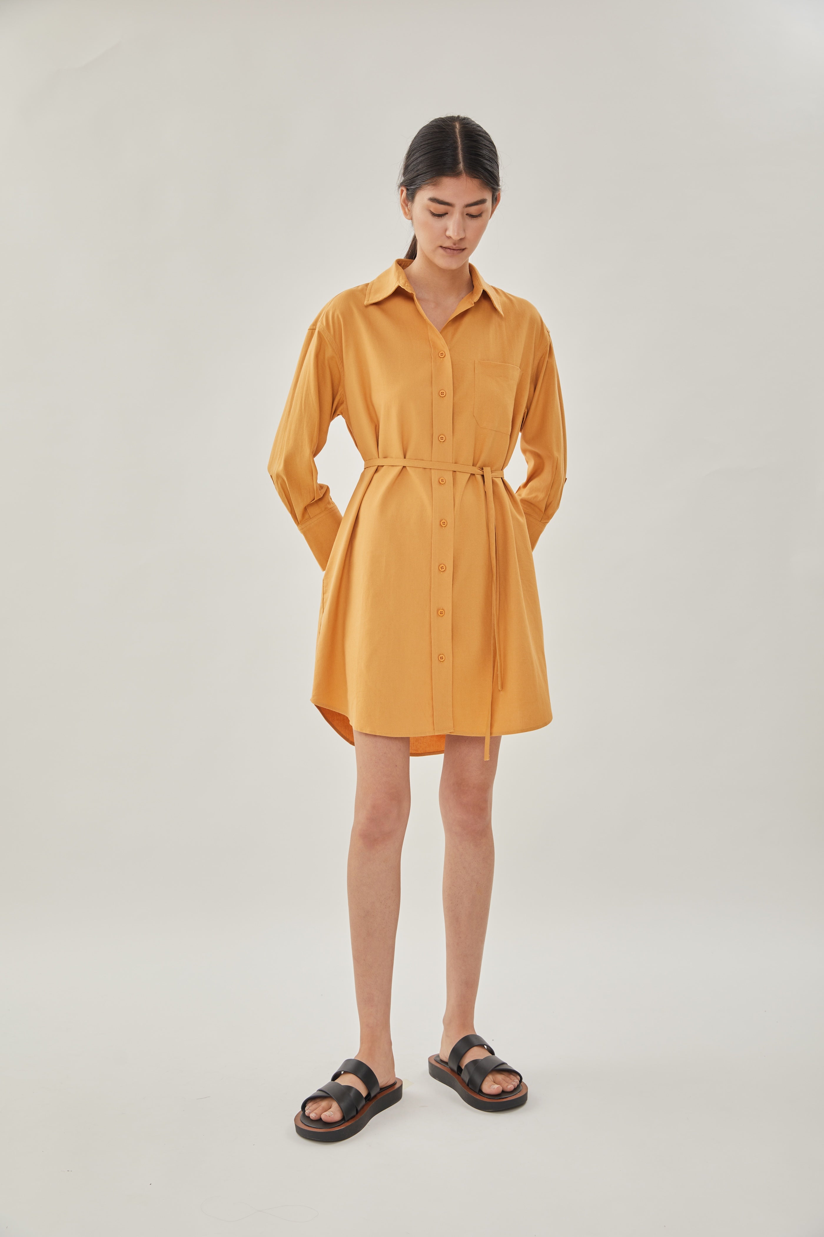 Linen Shirt Dress in Ochre