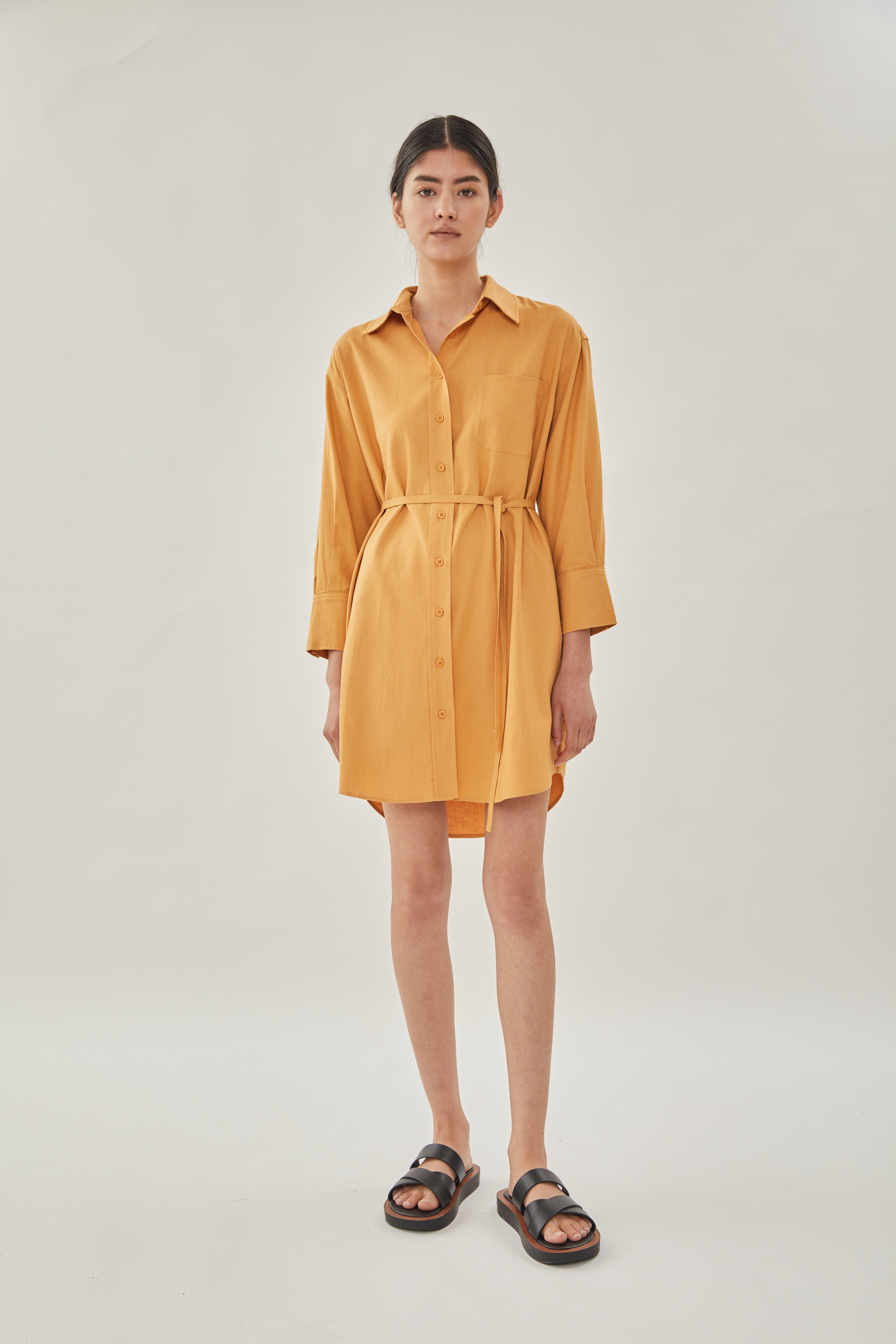 Linen Shirt Dress in Ochre