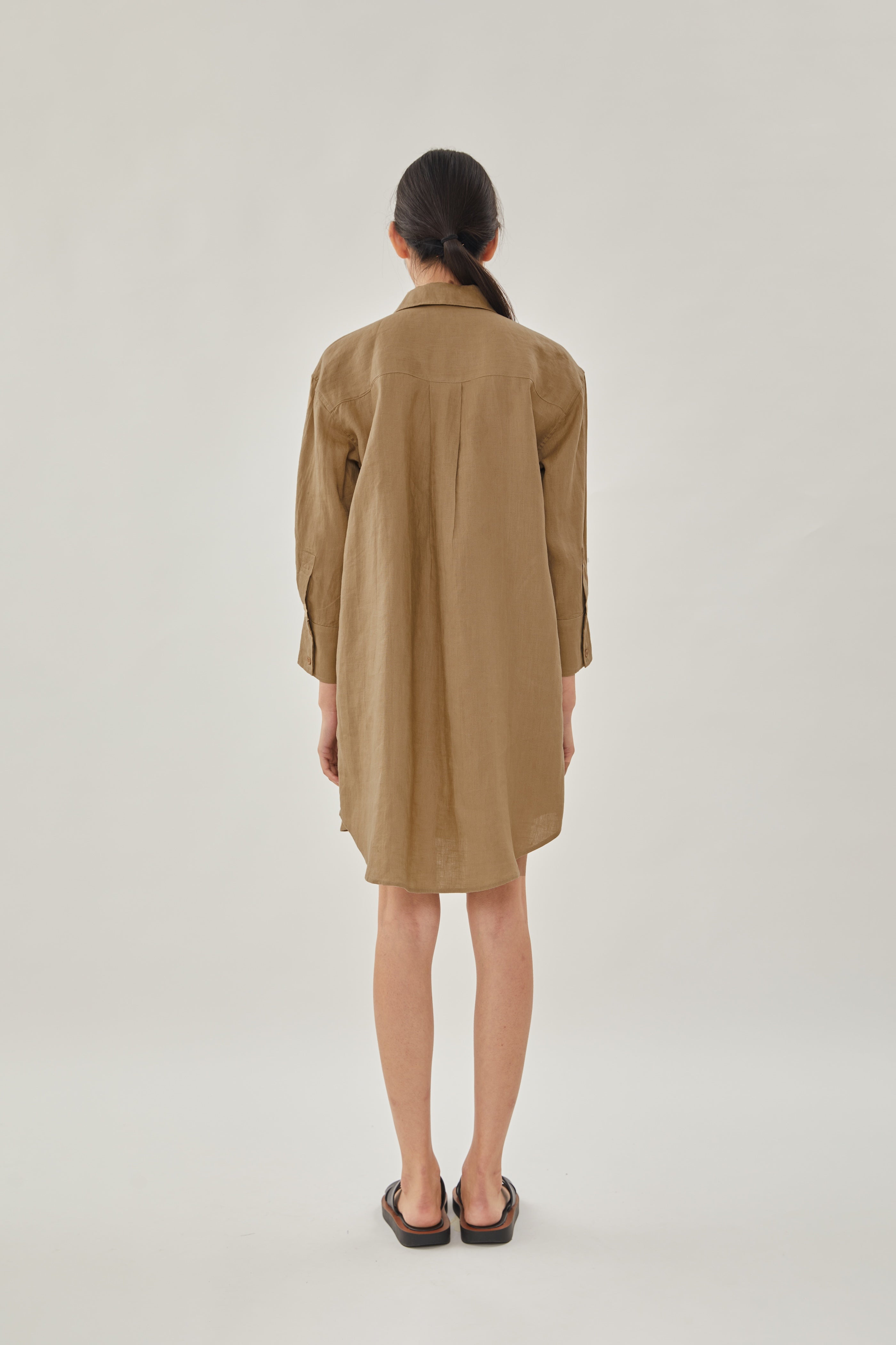 Linen Shirt Dress in Brown