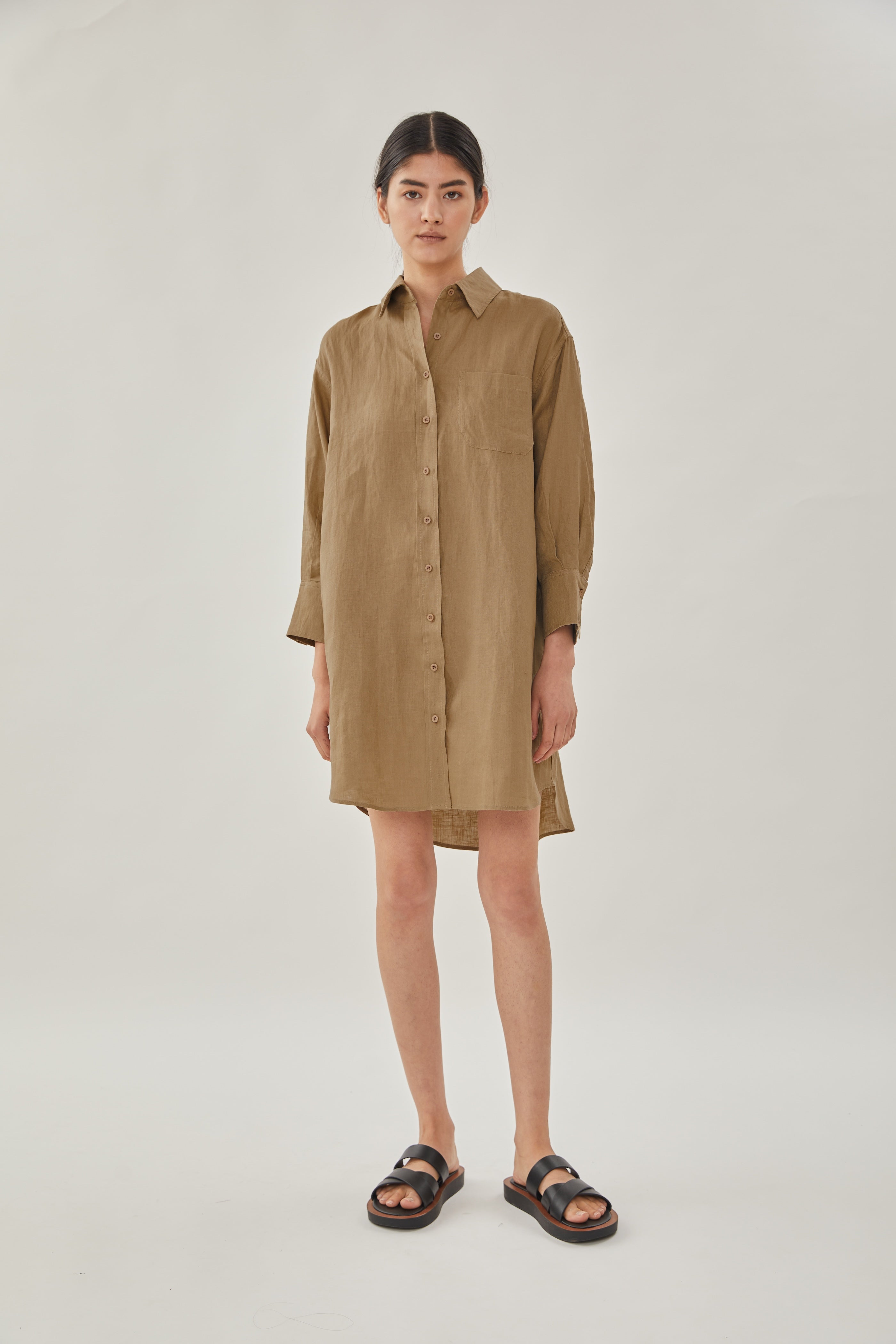 Linen Shirt Dress in Brown