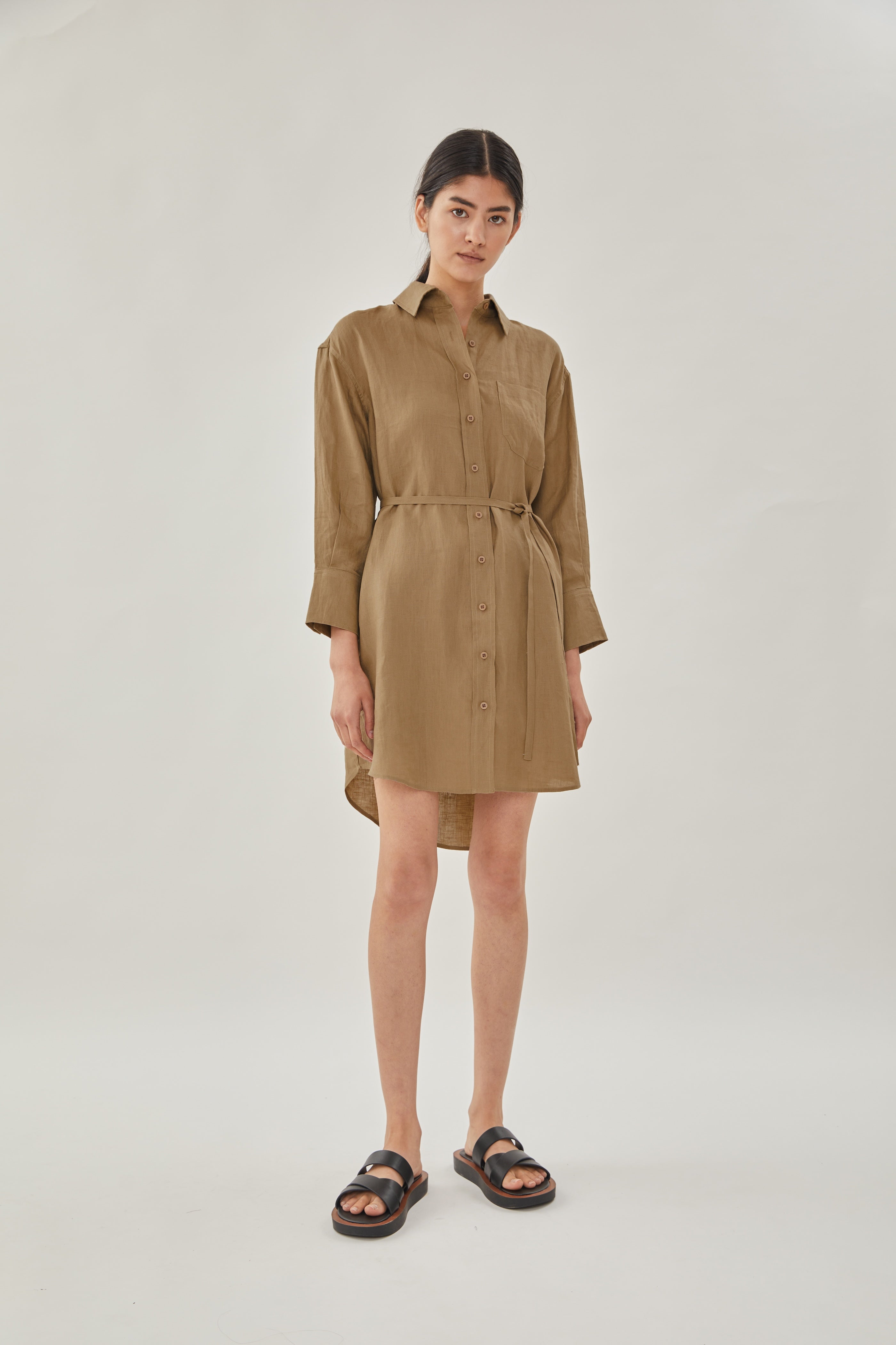 Linen Shirt Dress in Brown