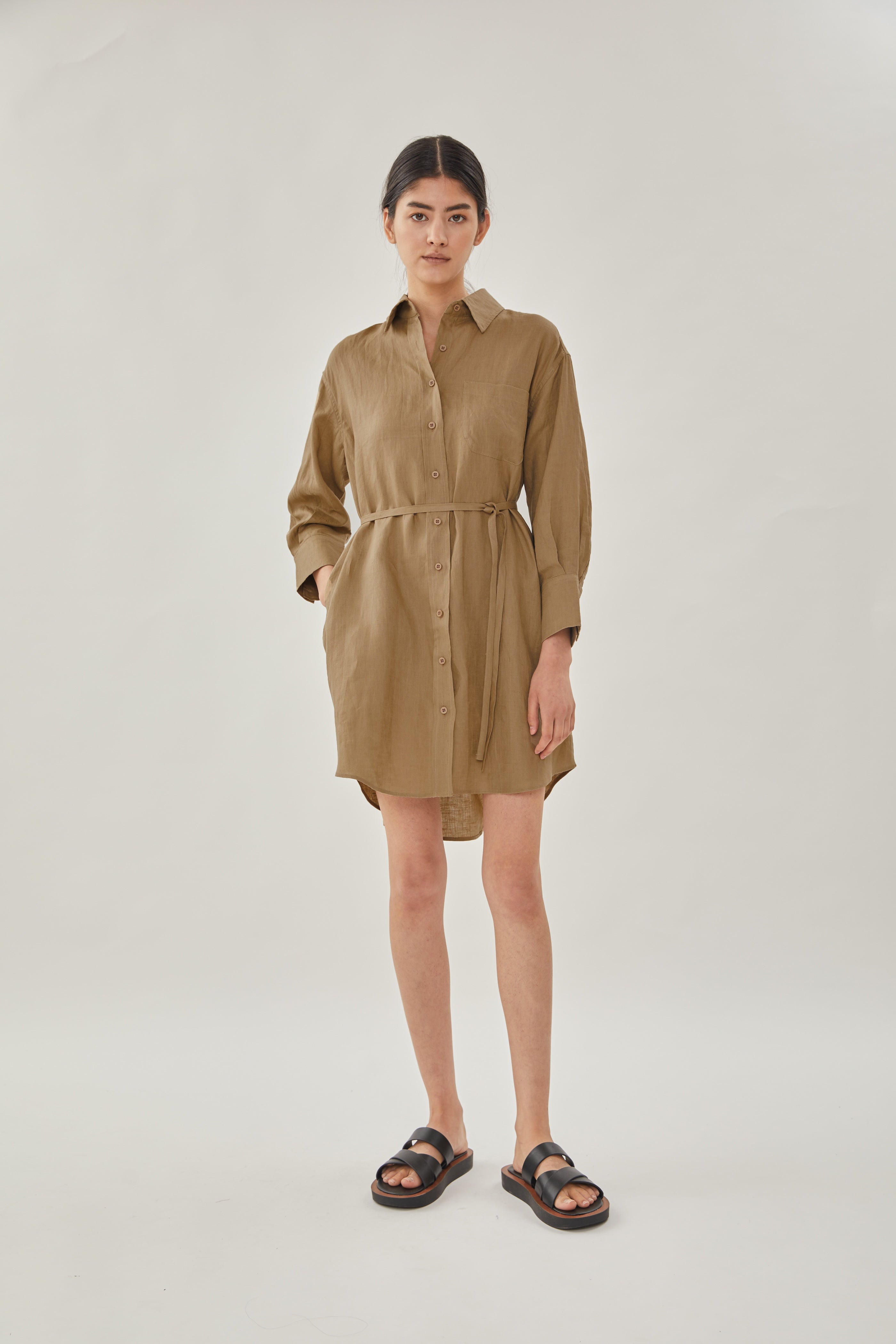 Linen Shirt Dress in Brown