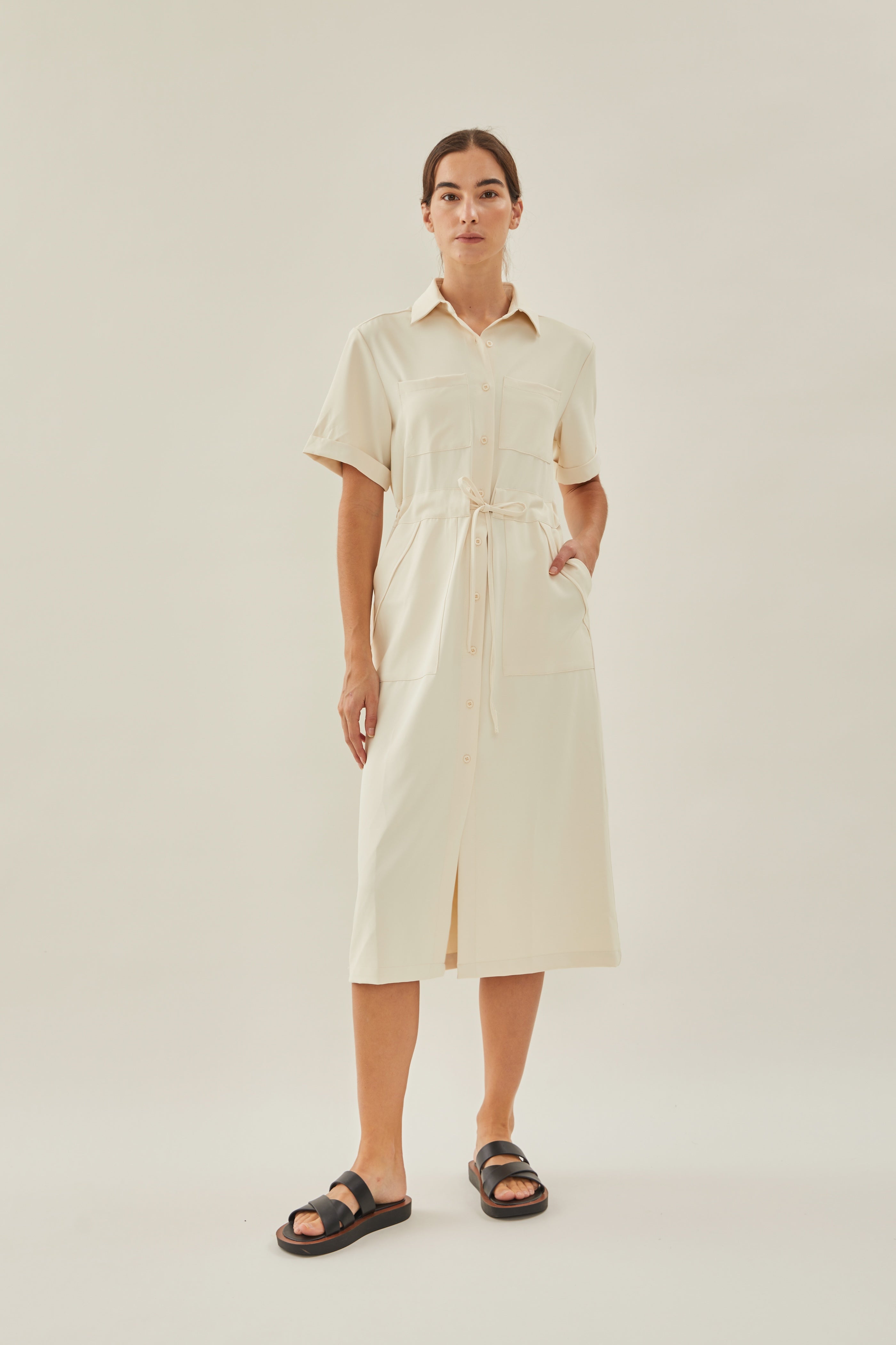 Belted Midi Shirt Dress in Ivory