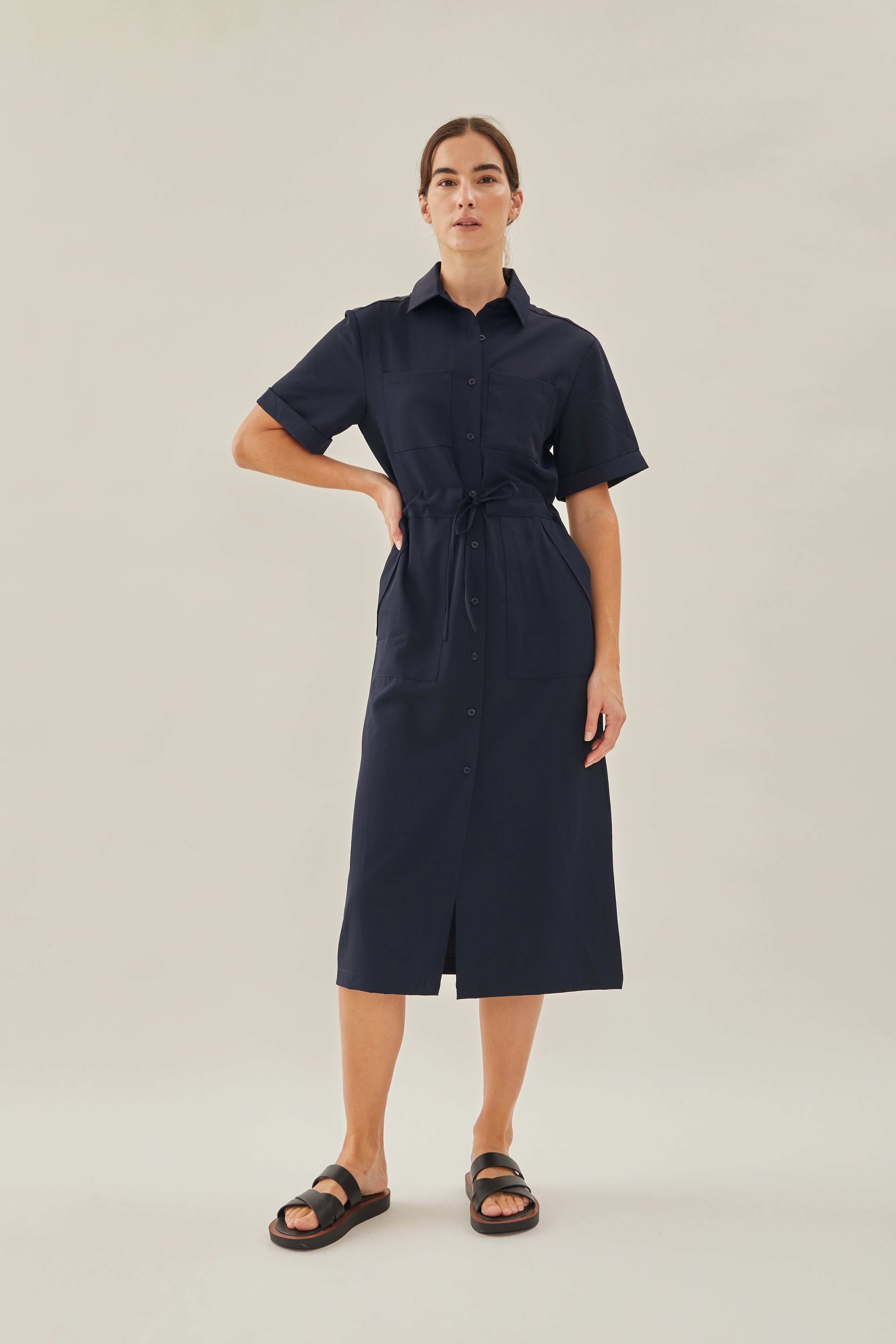Belted Midi Shirt Dress in Dark Navy