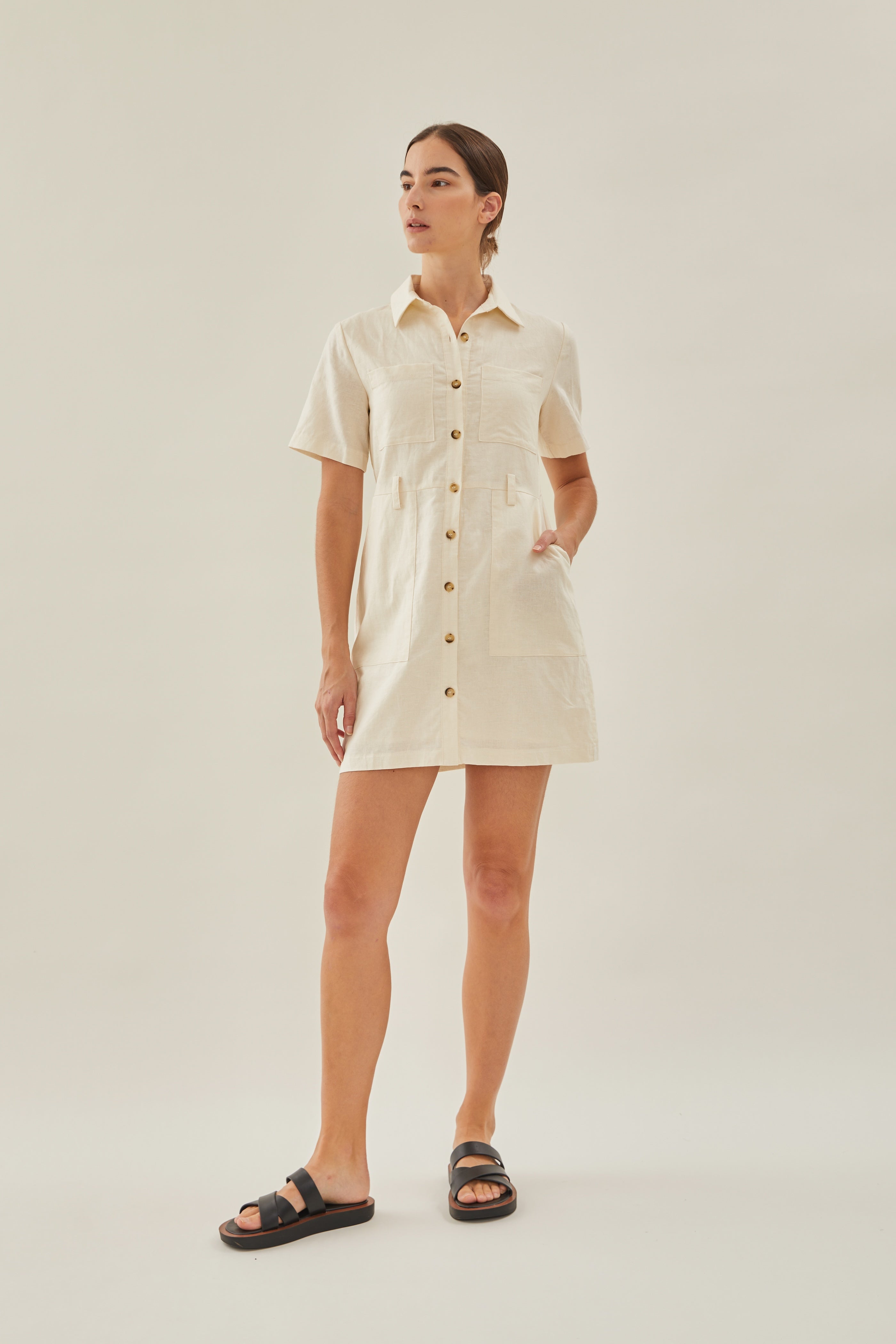 Linen Shirt Dress in Ivory