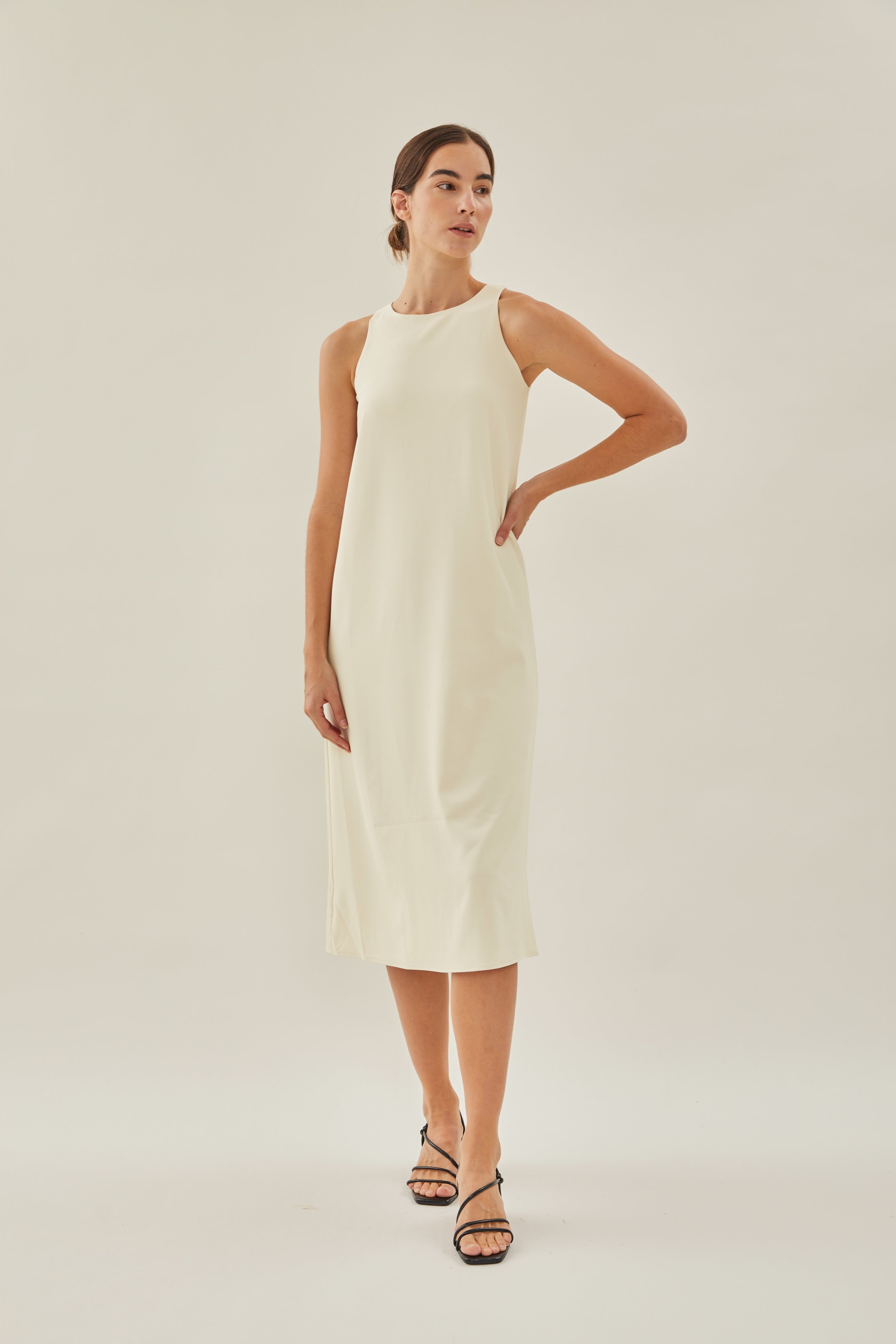 Round Neck Midi Dress in Ivory