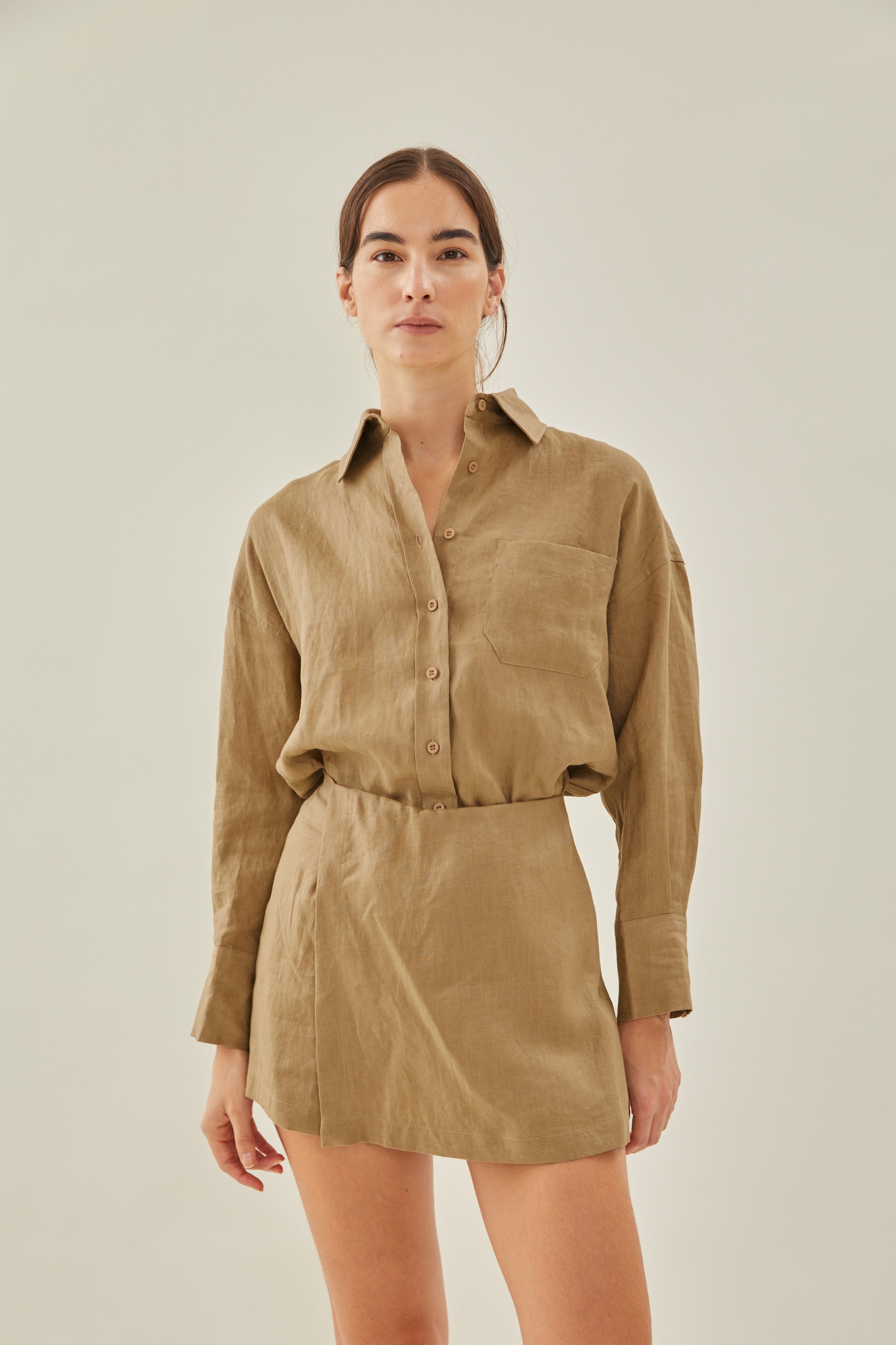 Linen Wrap Skort in Brown