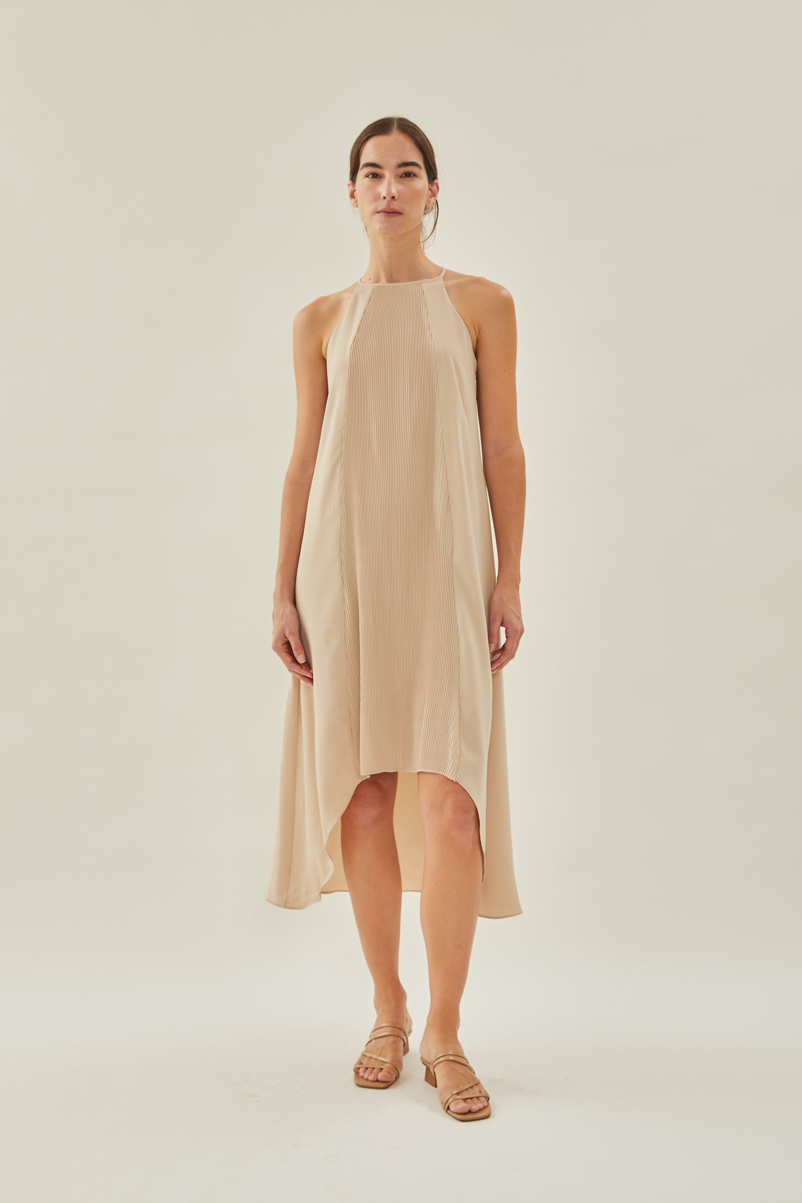 Pleated Halter Dress in Sand