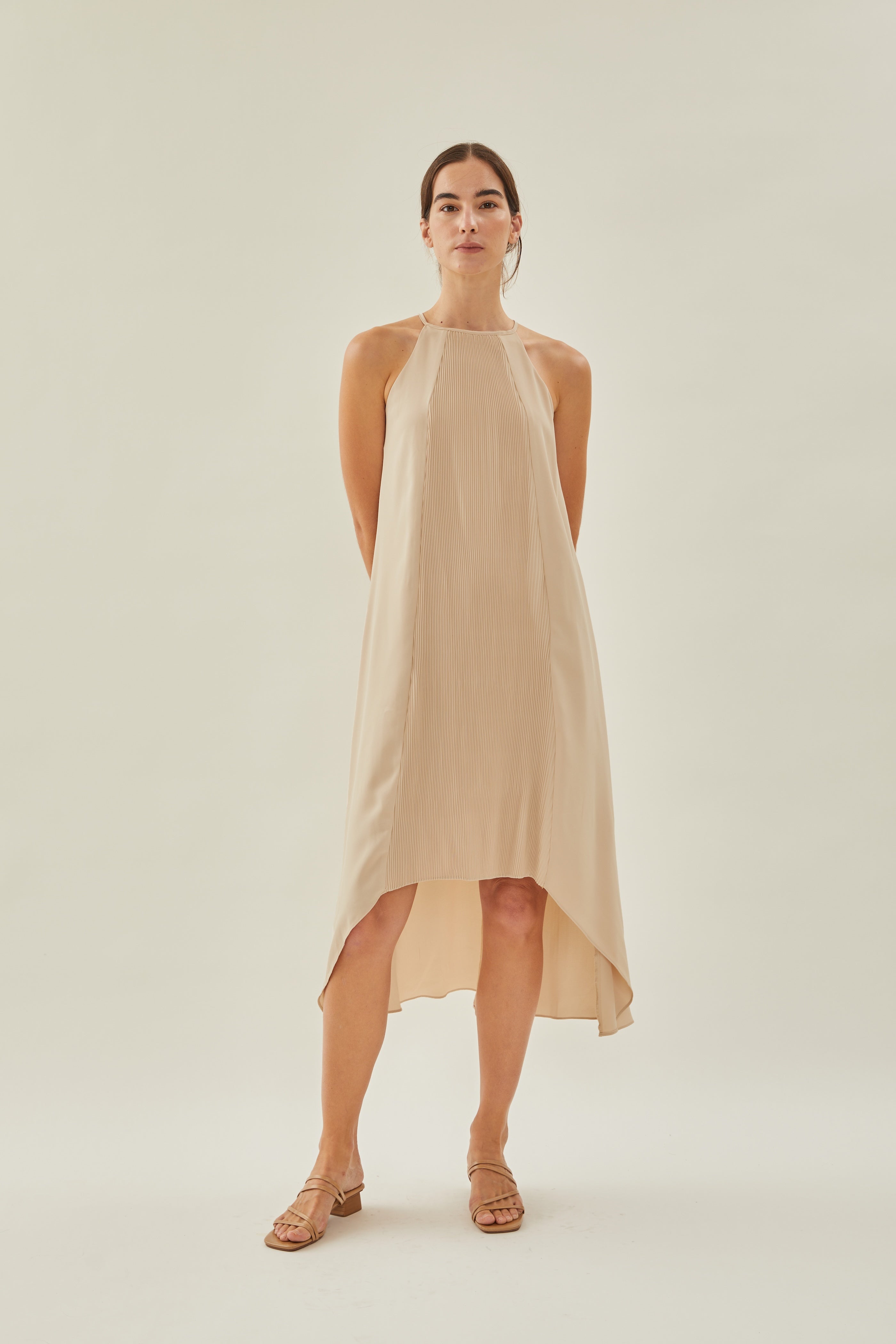 Pleated Halter Dress in Sand