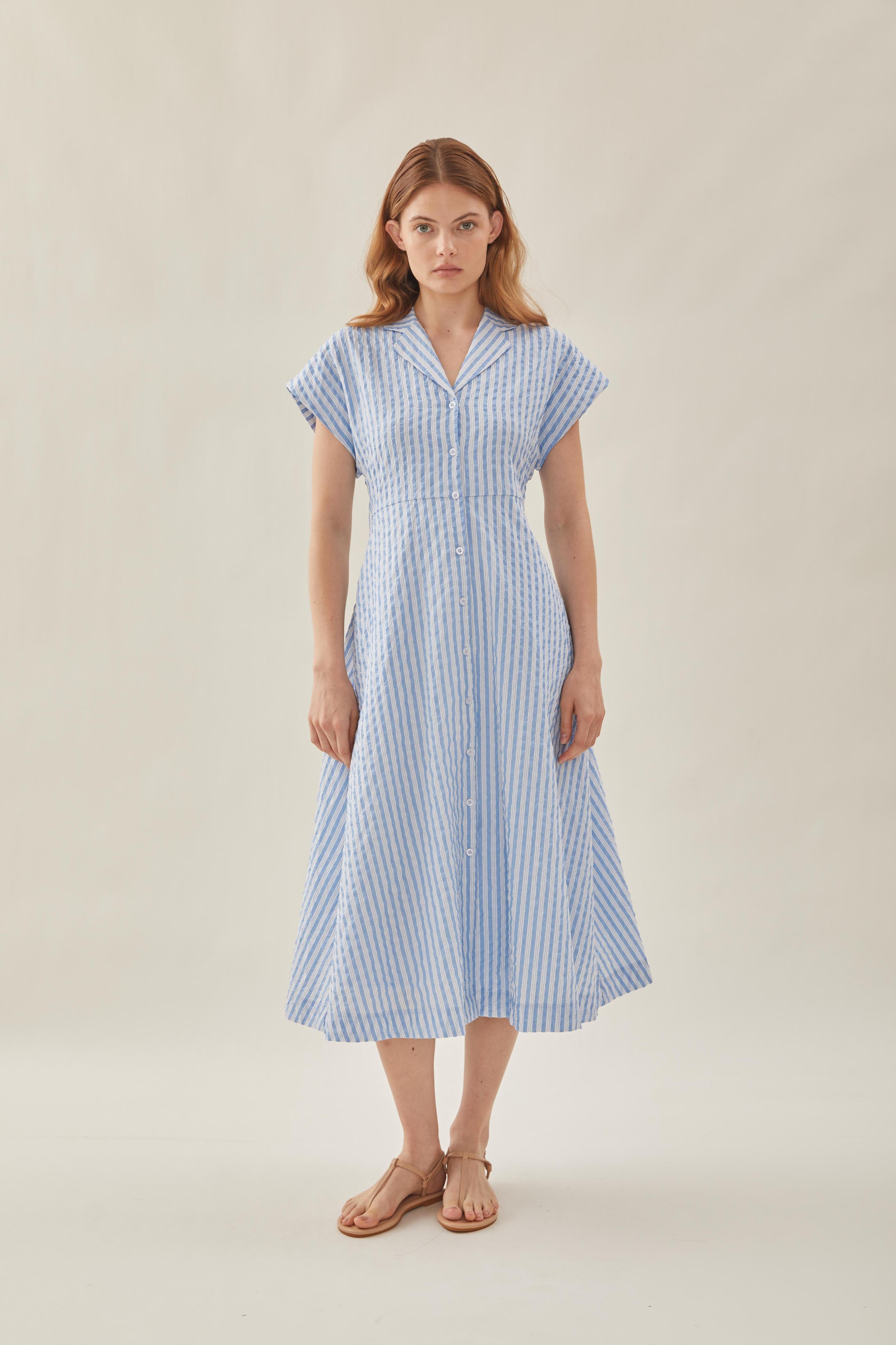 Seersucker Collared Midi Dress in Stripe Blue