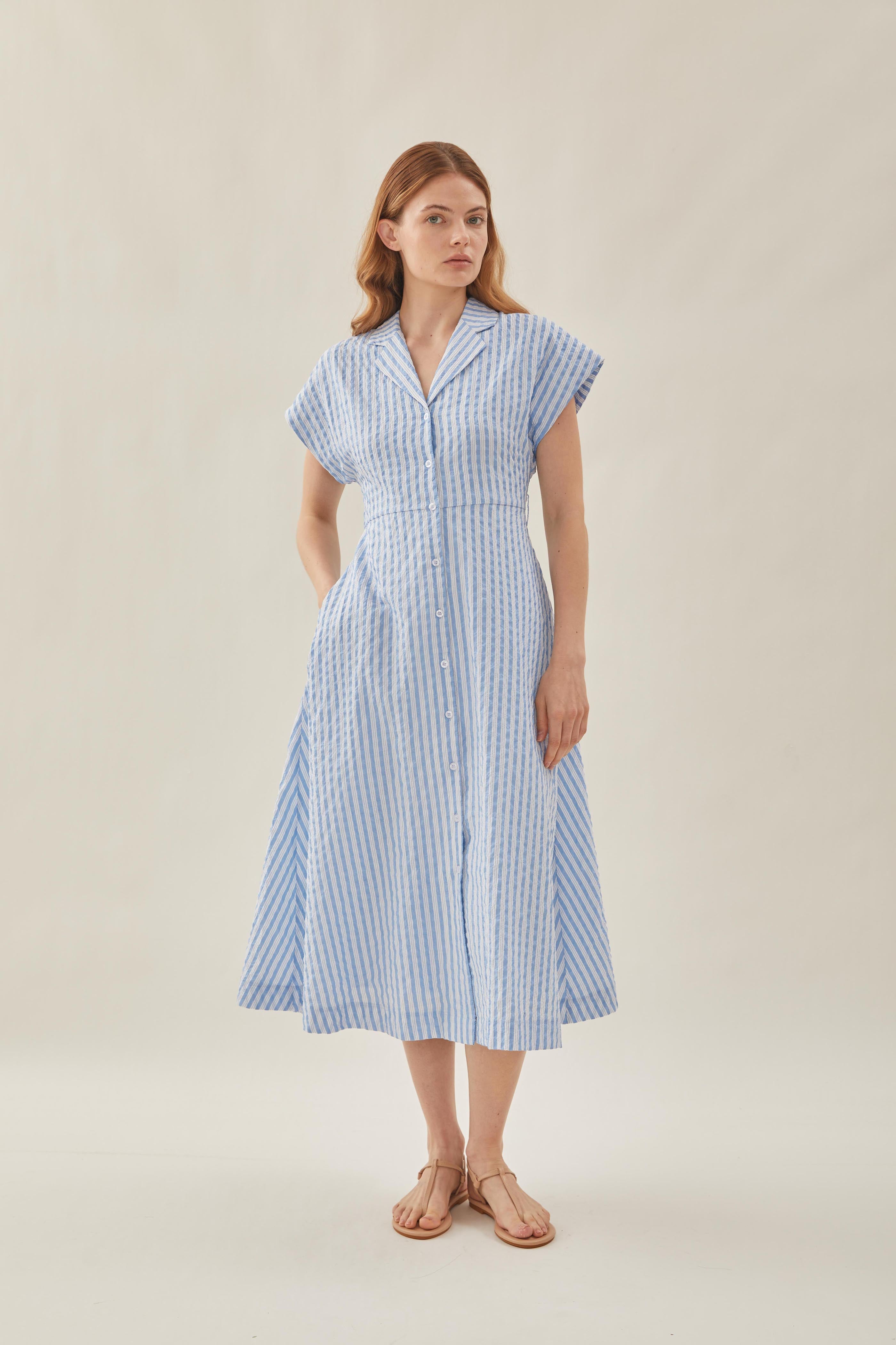 Seersucker Collared Midi Dress in Stripe Blue