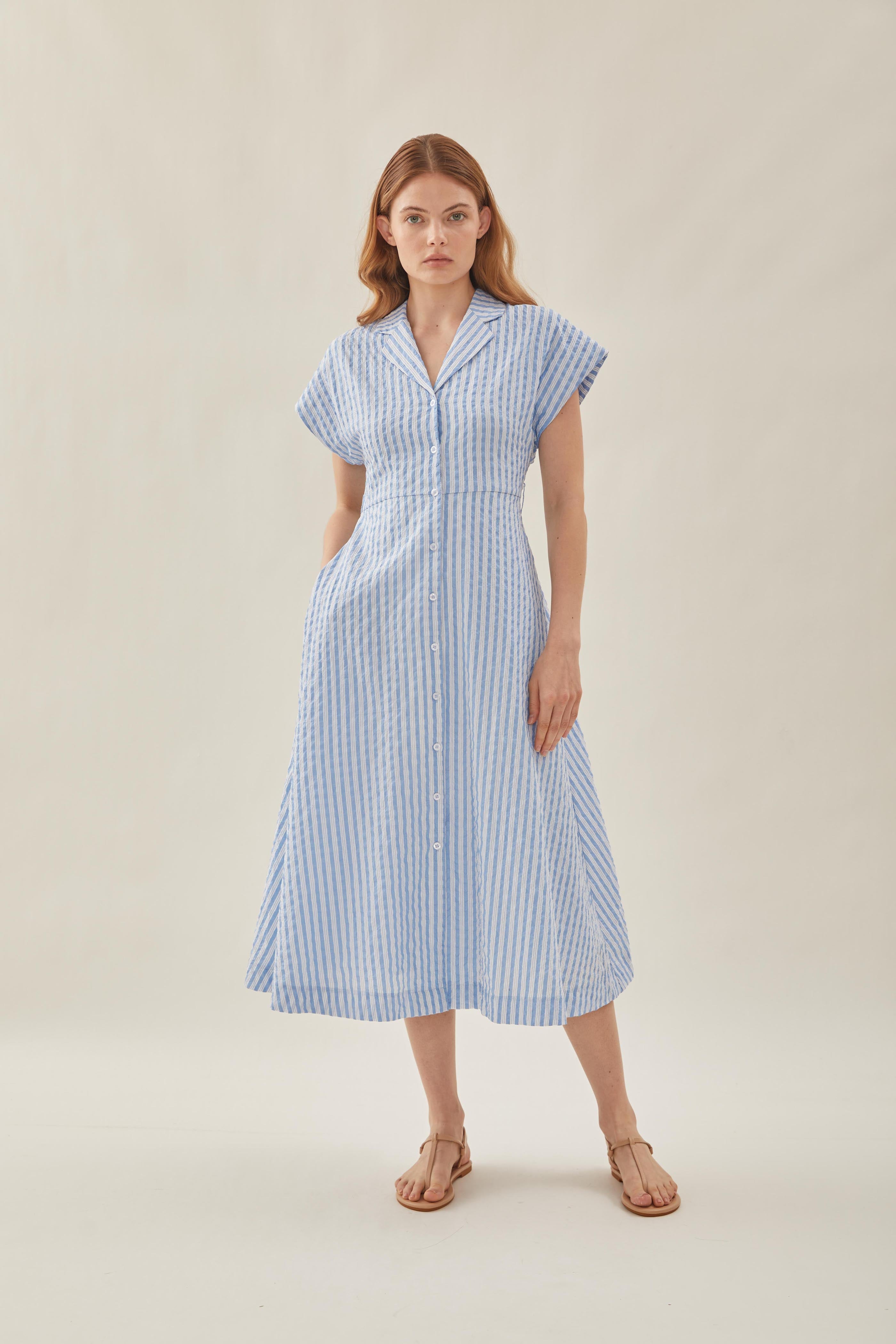 Seersucker Collared Midi Dress in Stripe Blue