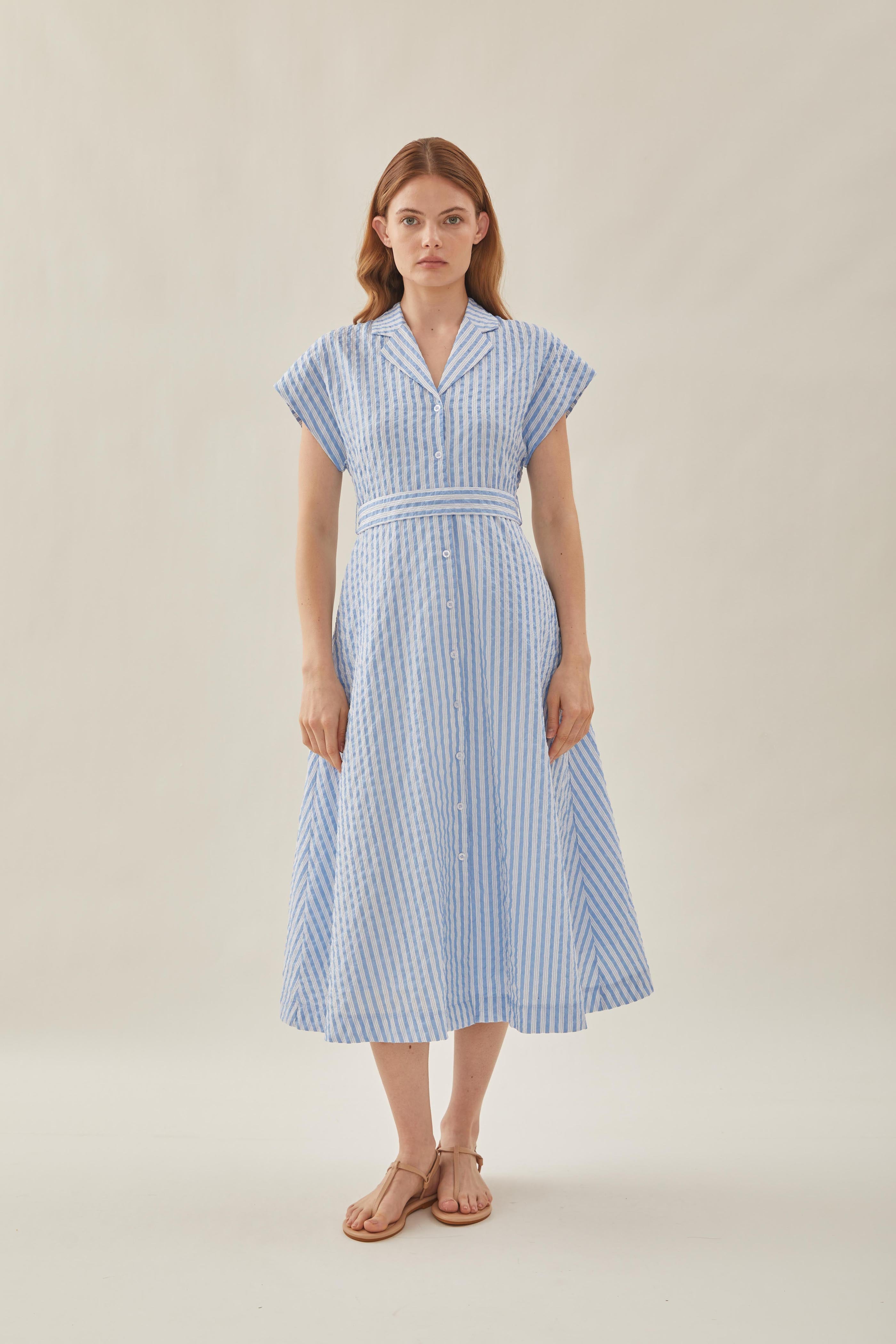 Seersucker Collared Midi Dress in Stripe Blue