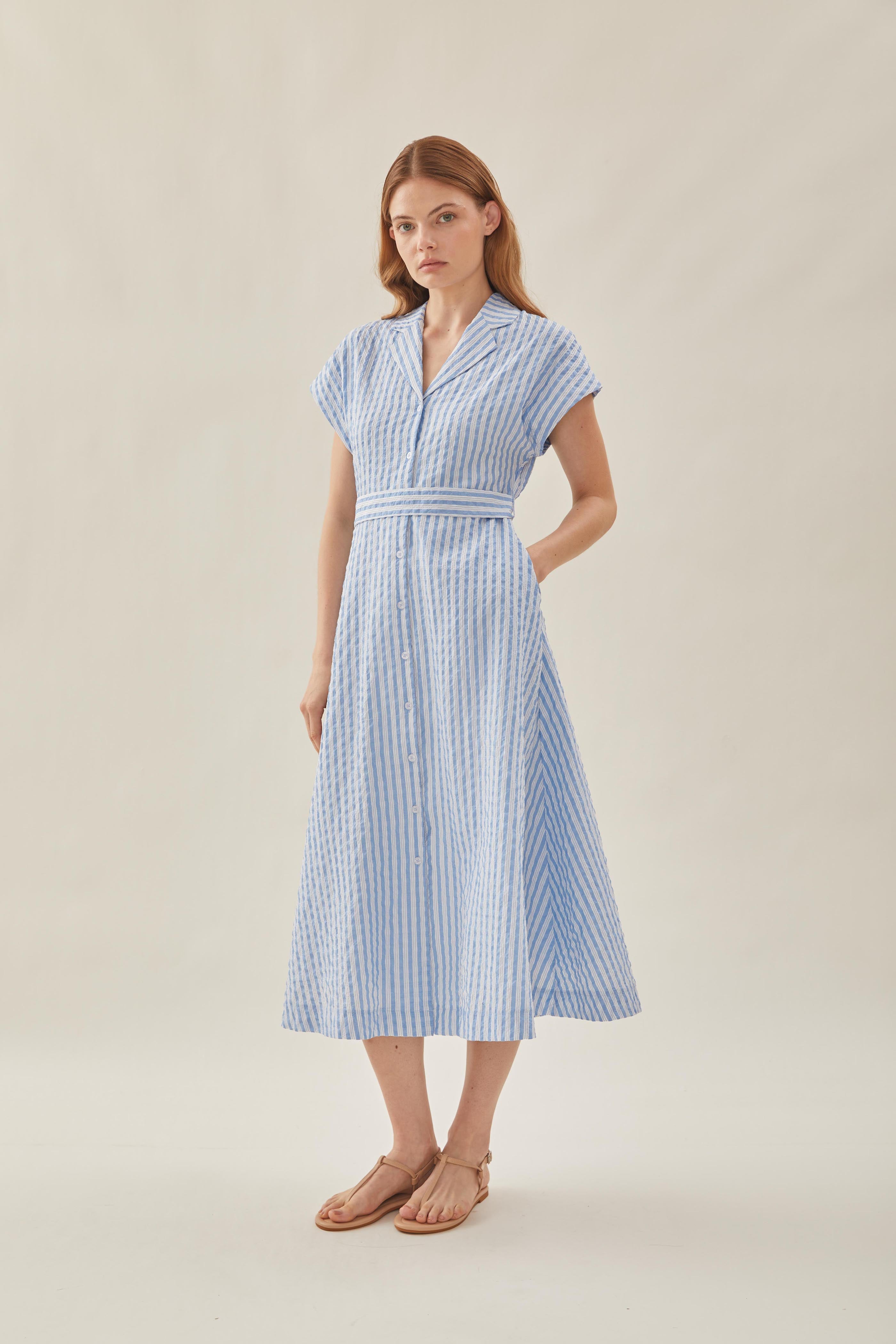 Seersucker Collared Midi Dress in Stripe Blue