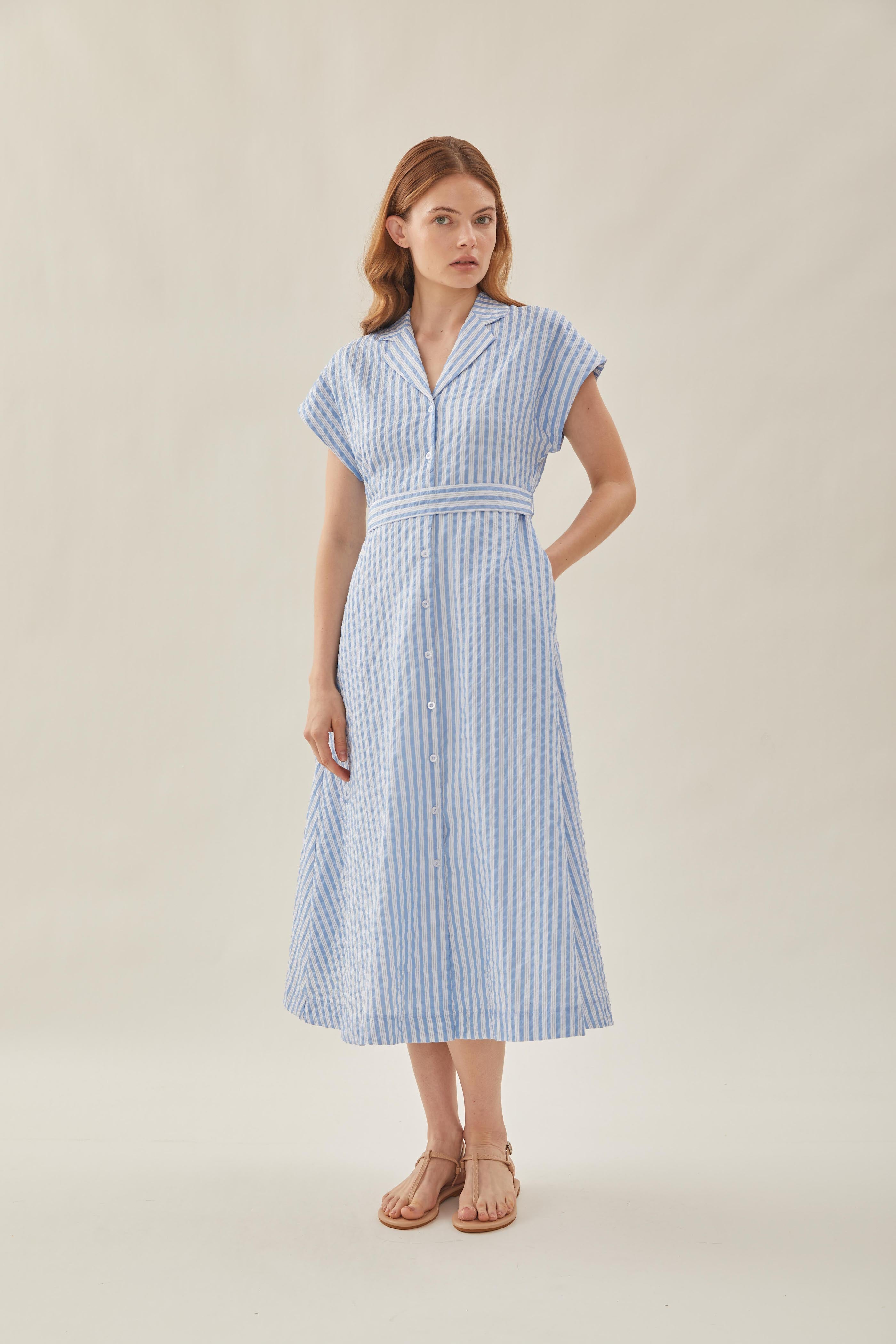 Seersucker Collared Midi Dress in Stripe Blue