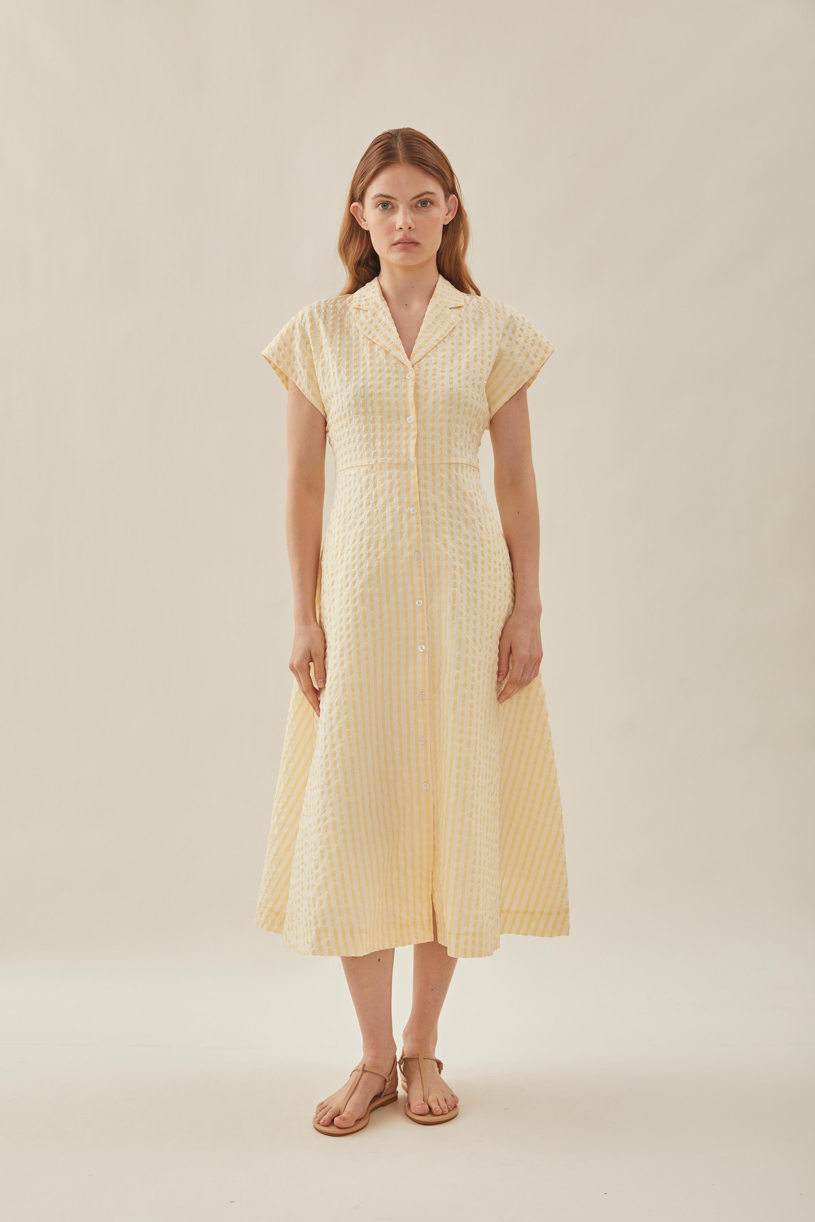 Seersucker Collared Midi Dress in Stripe Yellow