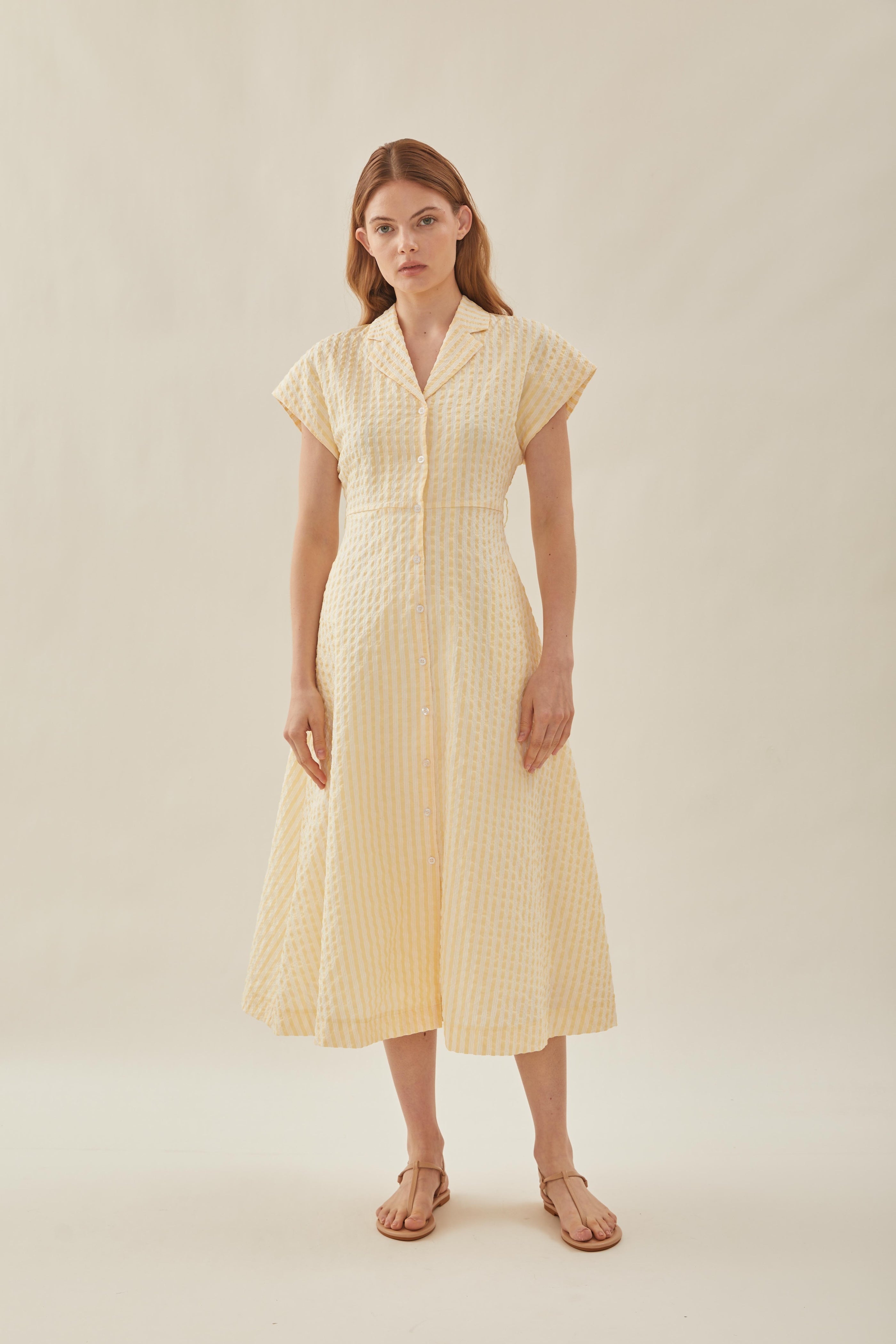 Seersucker Collared Midi Dress in Stripe Yellow