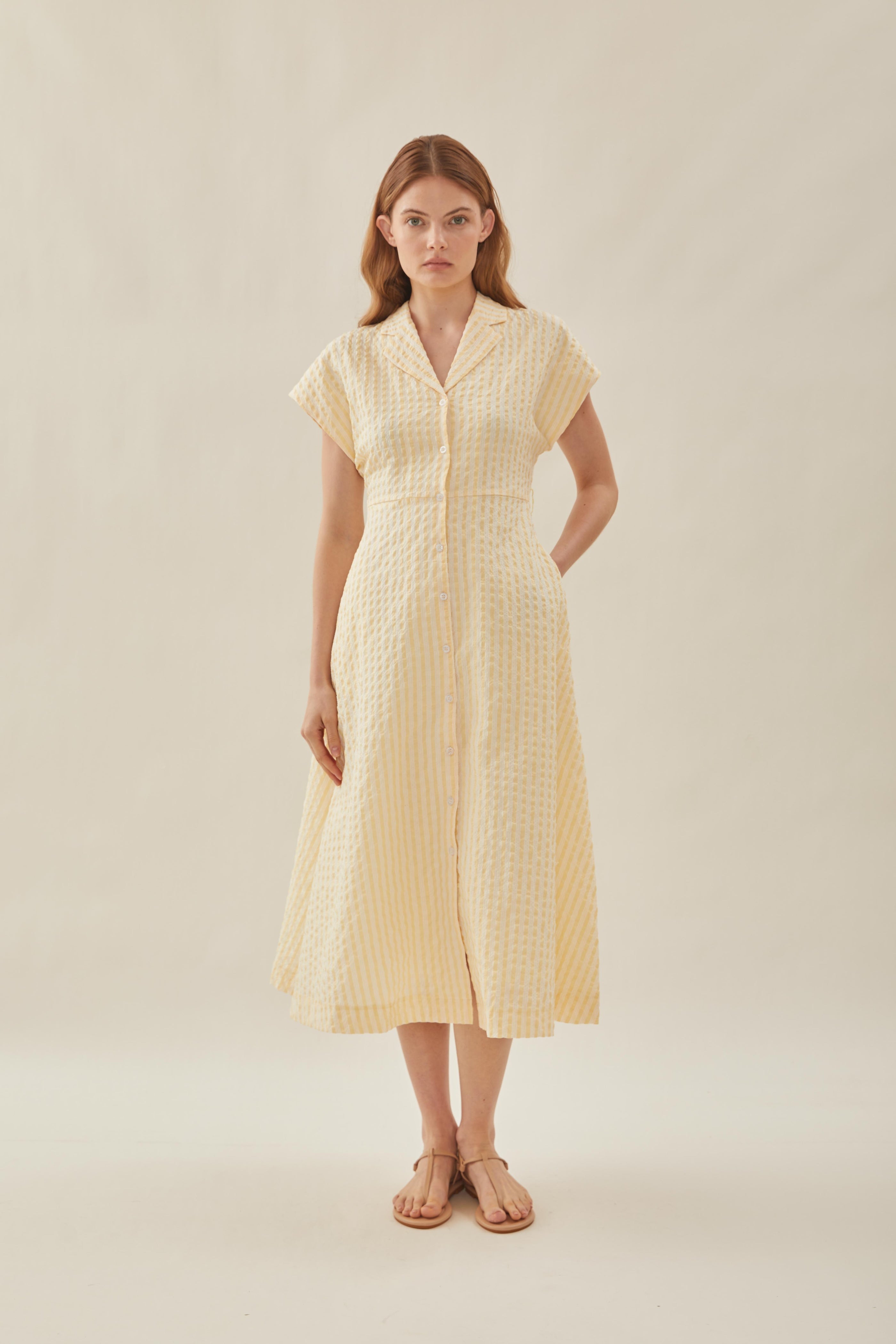 Seersucker Collared Midi Dress in Stripe Yellow