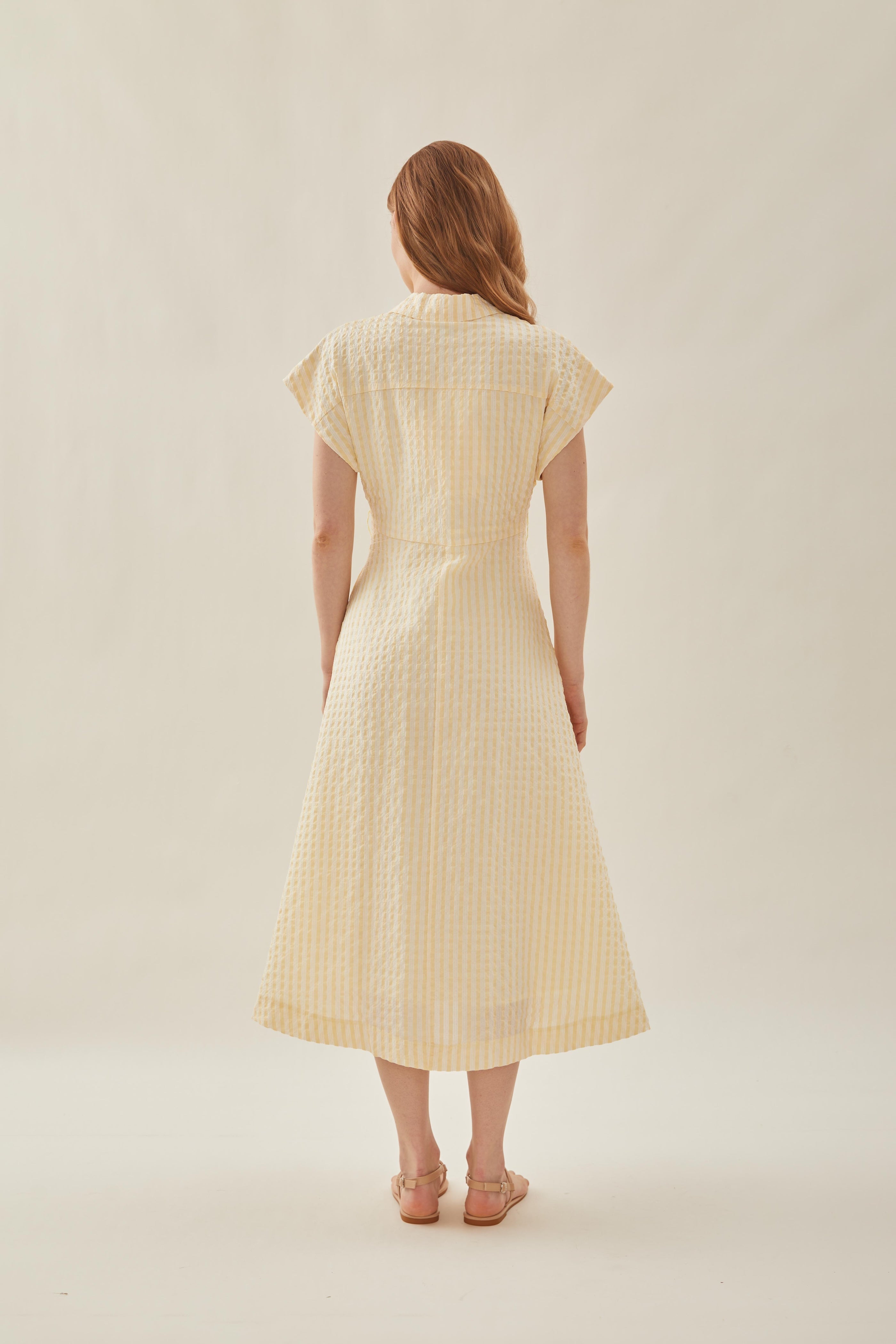 Seersucker Collared Midi Dress in Stripe Yellow