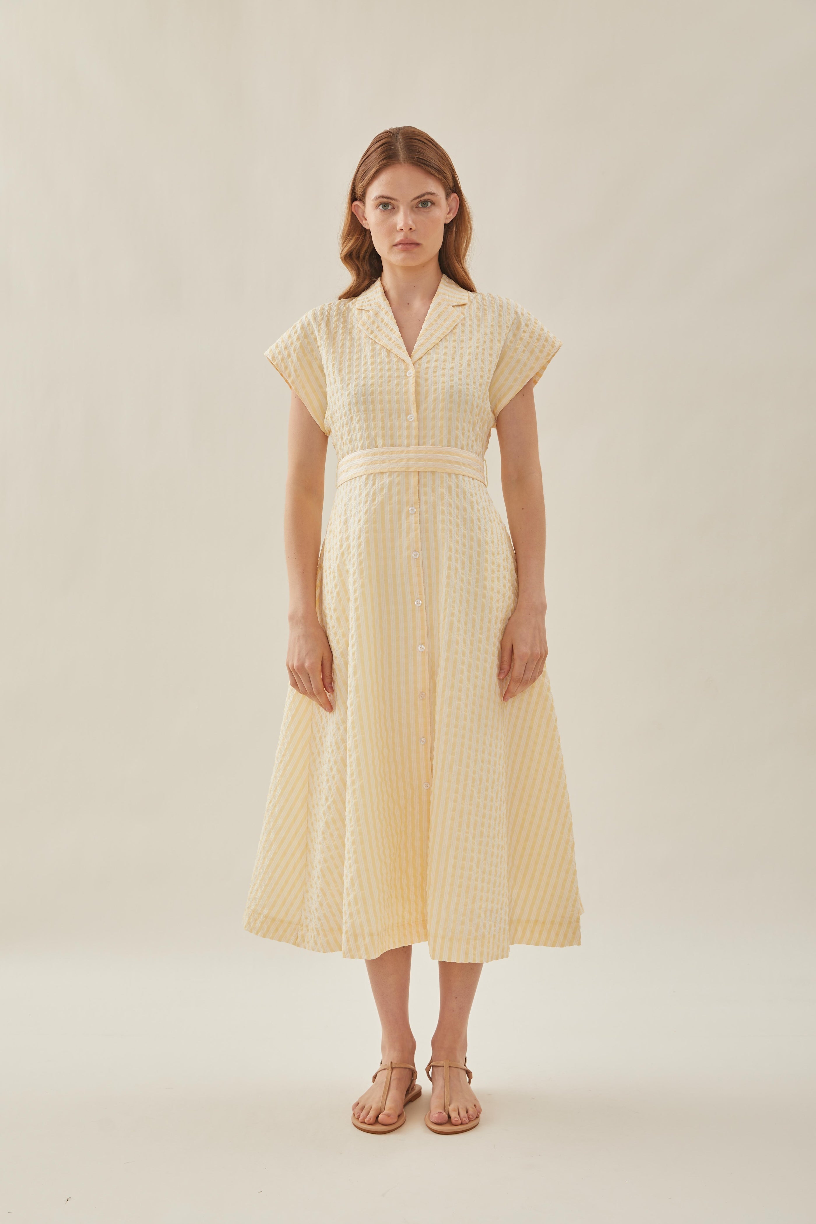 Seersucker Collared Midi Dress in Stripe Yellow