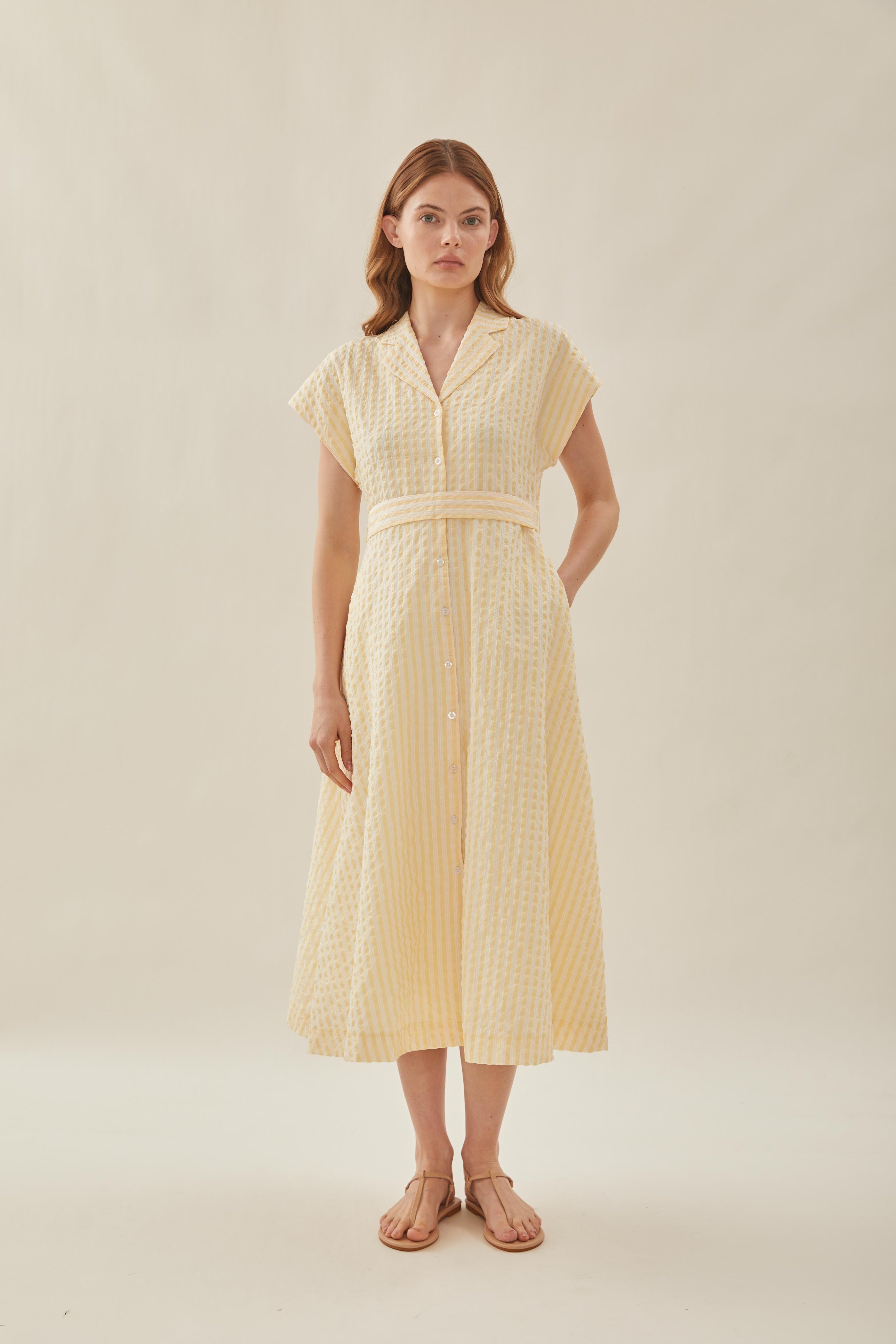 Seersucker Collared Midi Dress in Stripe Yellow